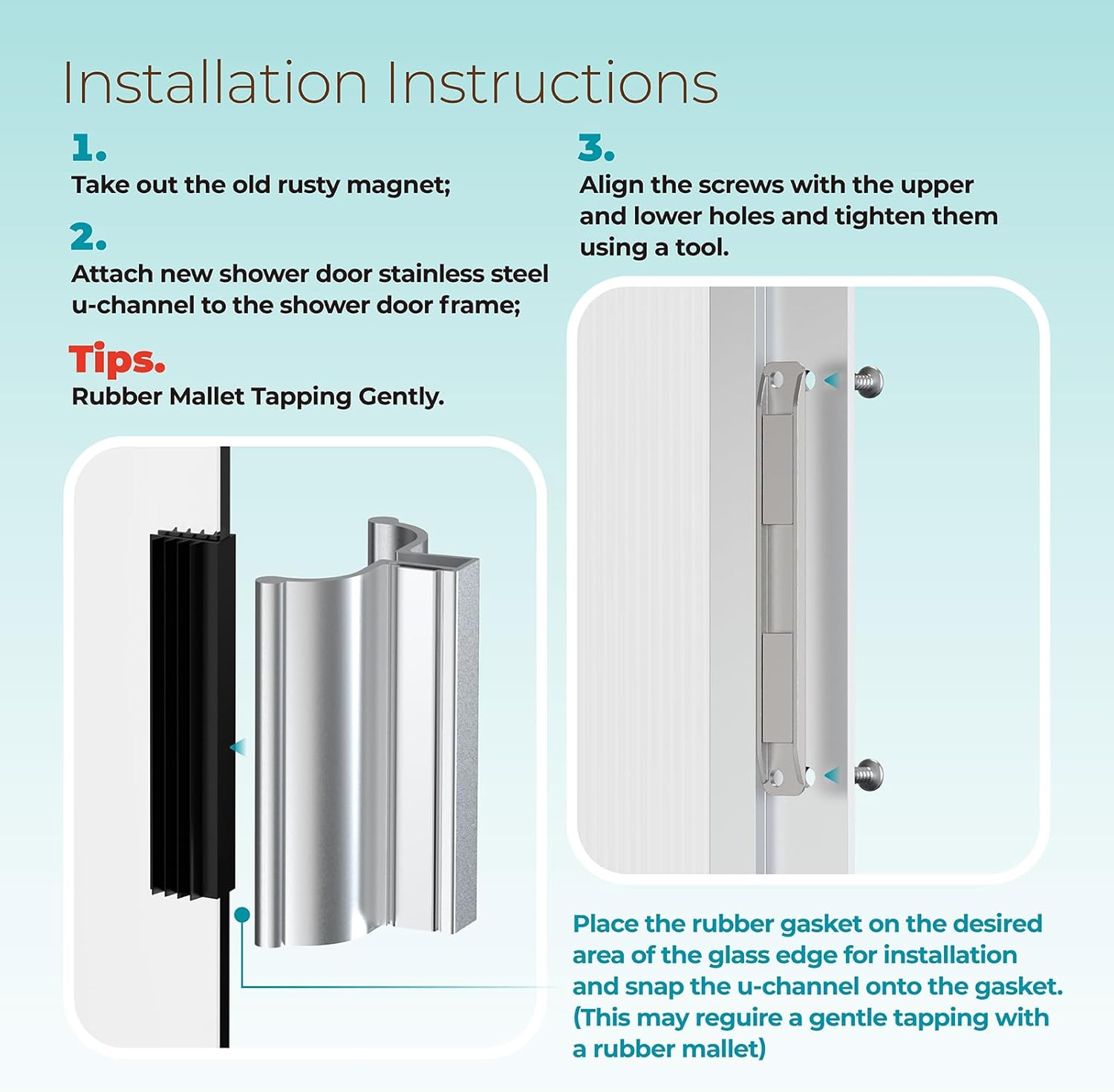 3-3/4" Bright Chrome Frameless Shower Door Handle with Metal Strike,Stainless Steel U-Channel with Magnet for Swing Glass Door Thickness 1/8",5/32",3/16" and 1/4",Shower Door Replacement Parts