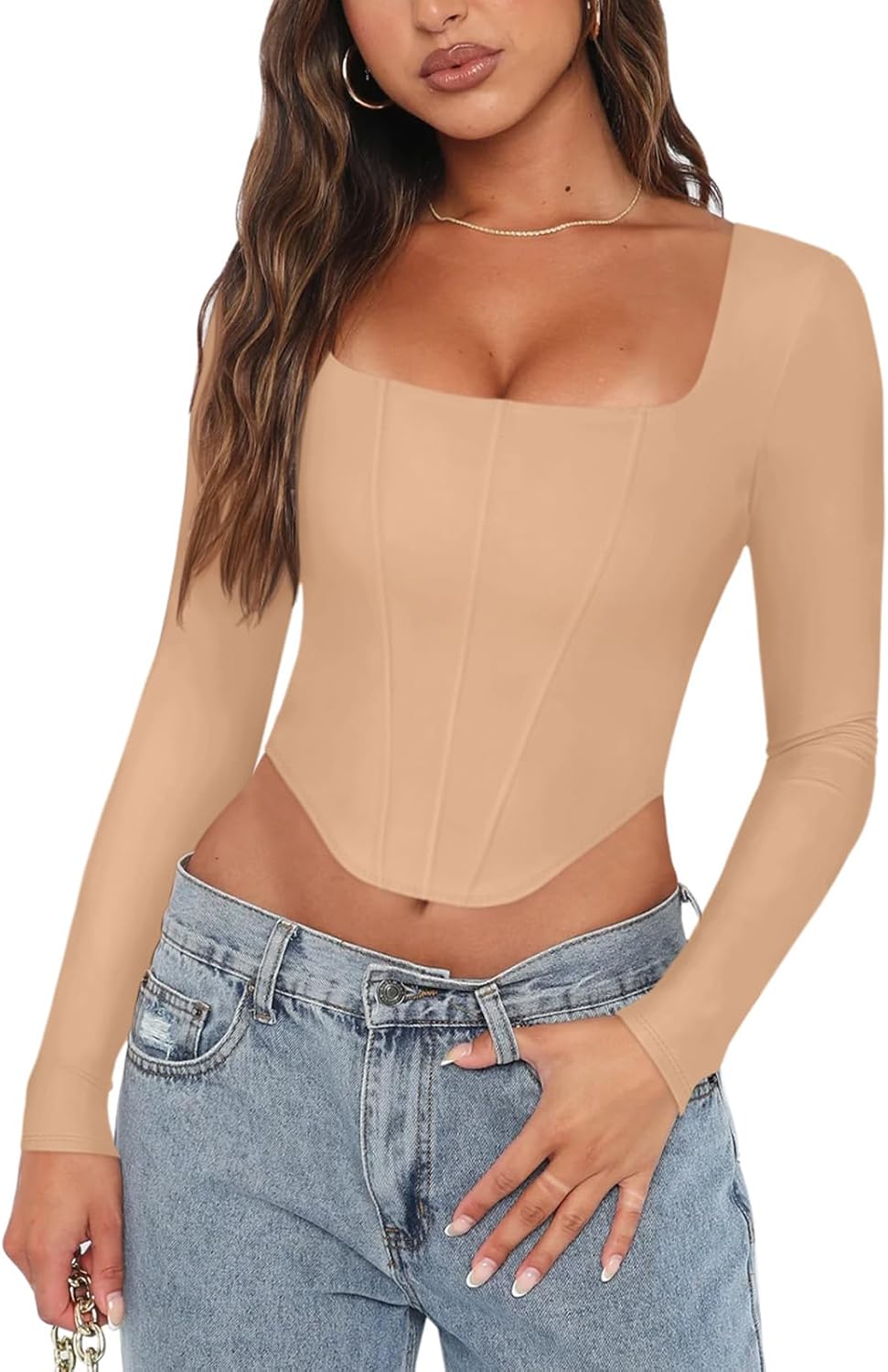 REORIA Womens Sexy Square Neck Long Sleeve Backless Going Out Boned Bustier Corset Crop Tops