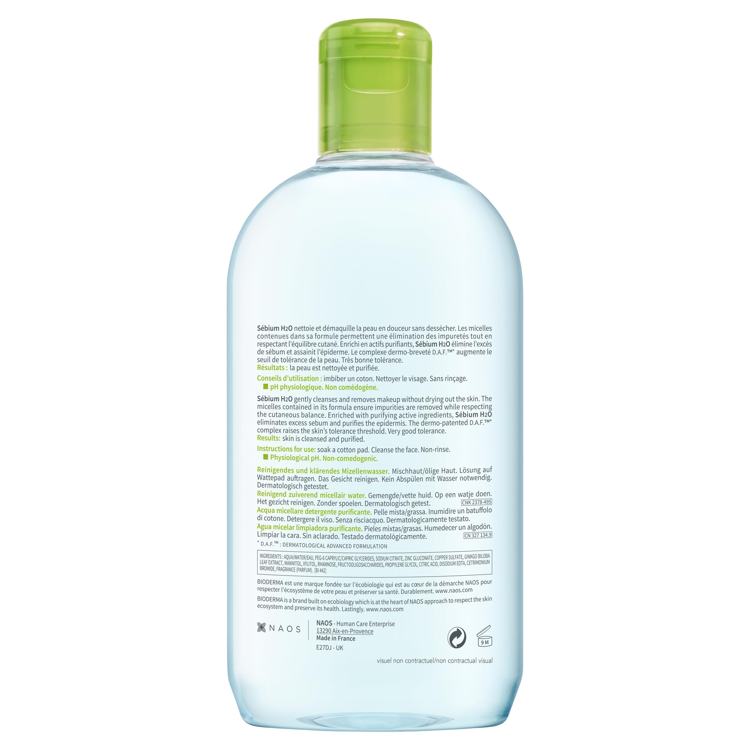BIODERMA Sébium H2O - Acqua Micellare Dermatologica - Deterge, Strucca e Purifica - Limita la Secrezione di Sebo - Pelle da Mista a Grassa - Prescritta da Dermatologi - Flacone da 500 ml