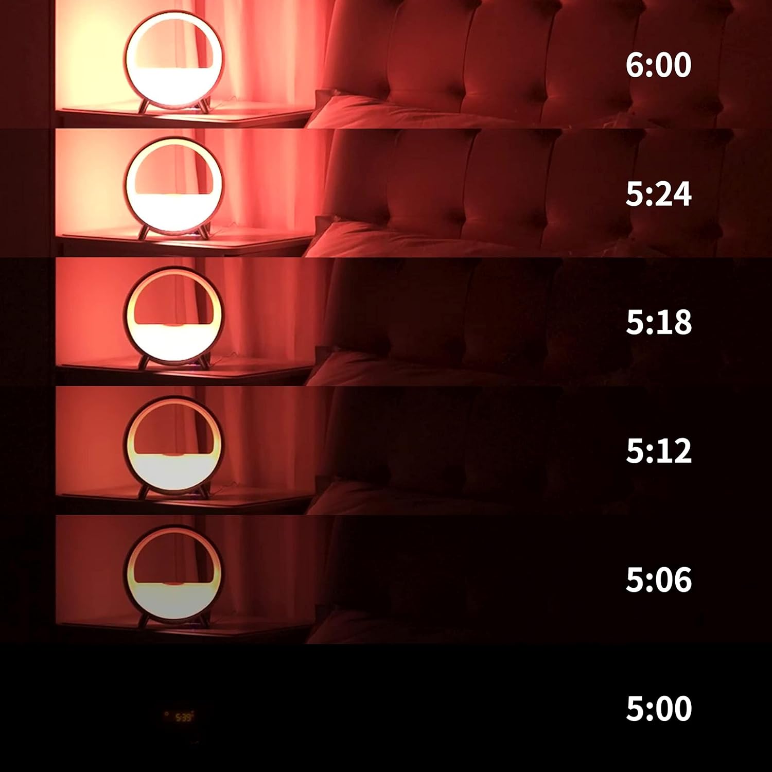 Series of images showing the gradual sunrise simulation of the alarm clock from dark to bright over time.