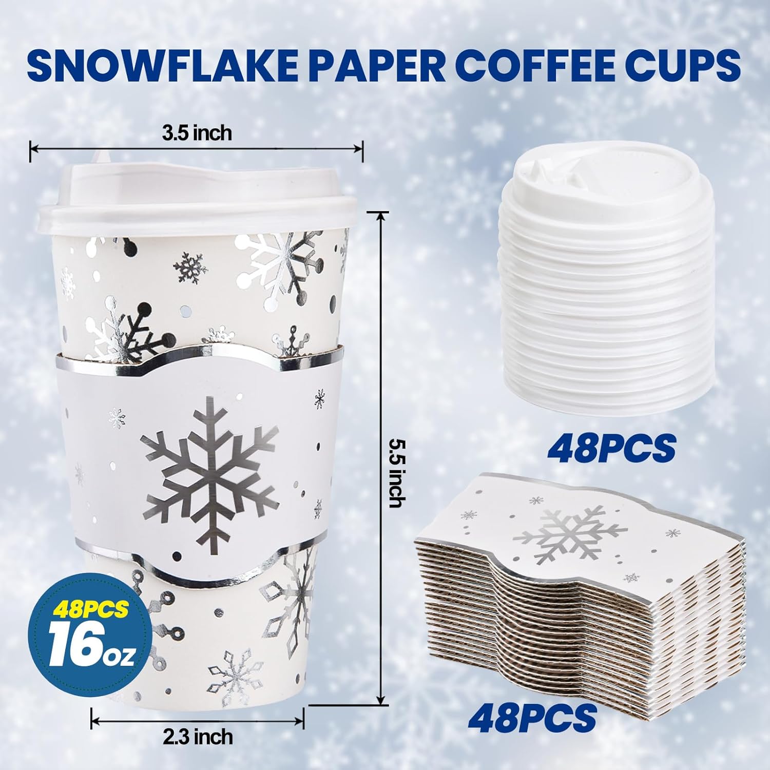 48 Pack 16 oz Snowflake Disposable Coffee Cups with Lids and Sleeves Silver Winter To Go Paper Coffee Cups Beverage Drinking Cups for Christmas Frozen Party Office Travel Business Supplies