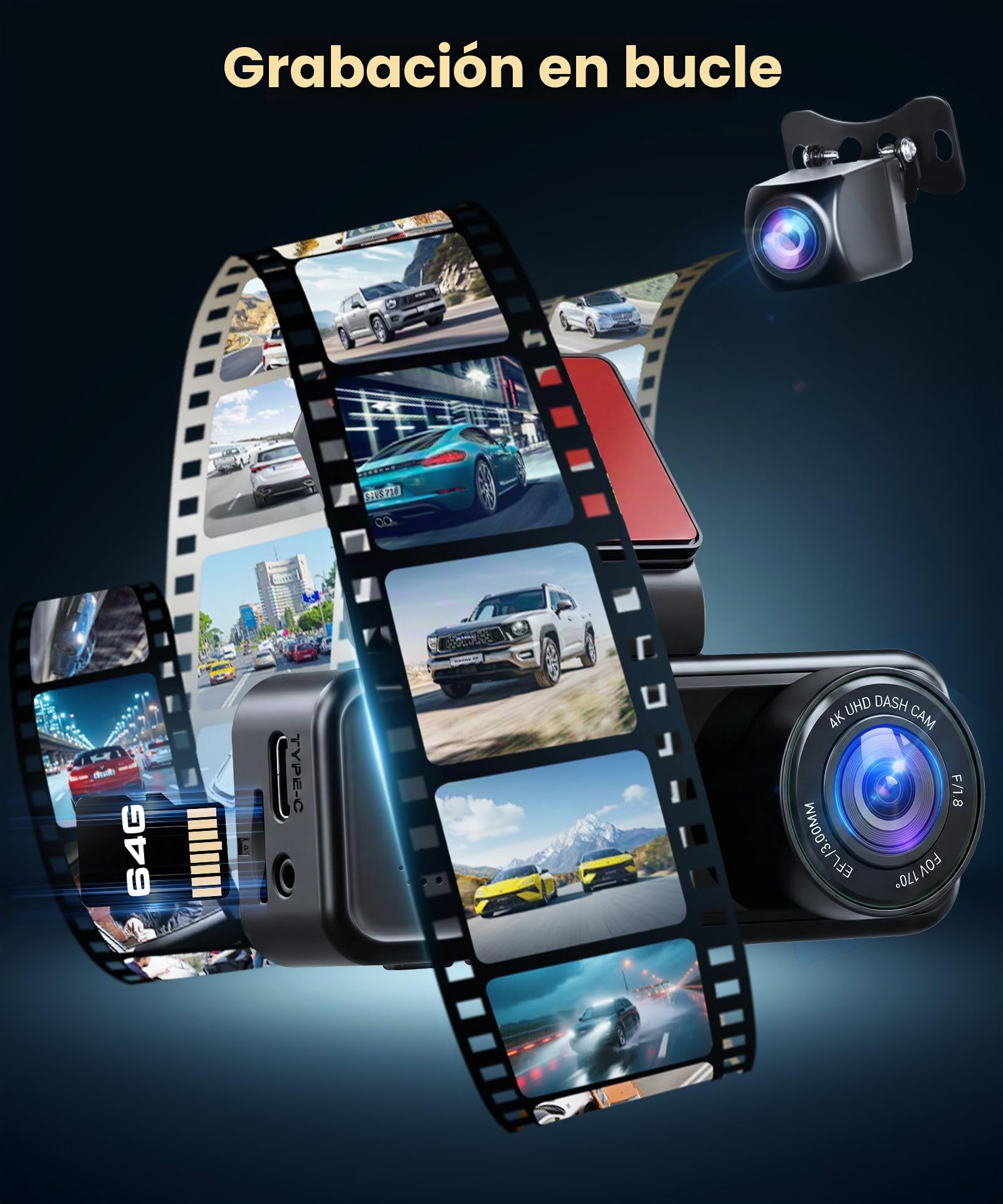 VECHTEL 4K+2K Dashcam Coche Delantera y Trasera con WiFi 5G, 2*Cámara de Coche 1080P, Pantalla IPS de 3.16 Pulgadas, Monitoreo de Estacionamiento 24H, Visión Nocturna, Sensor G, con Tarjeta de 64GB