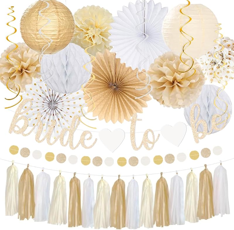 Decoraciones para despedida de soltera bohemia, color blanco dorado y champán, pancarta para novia, farolillos de papel blanco albaricoque, serpentinas, pompones de tejido, borlas de papel bohemia color beige rubor, decoraciones para despedida de soltera