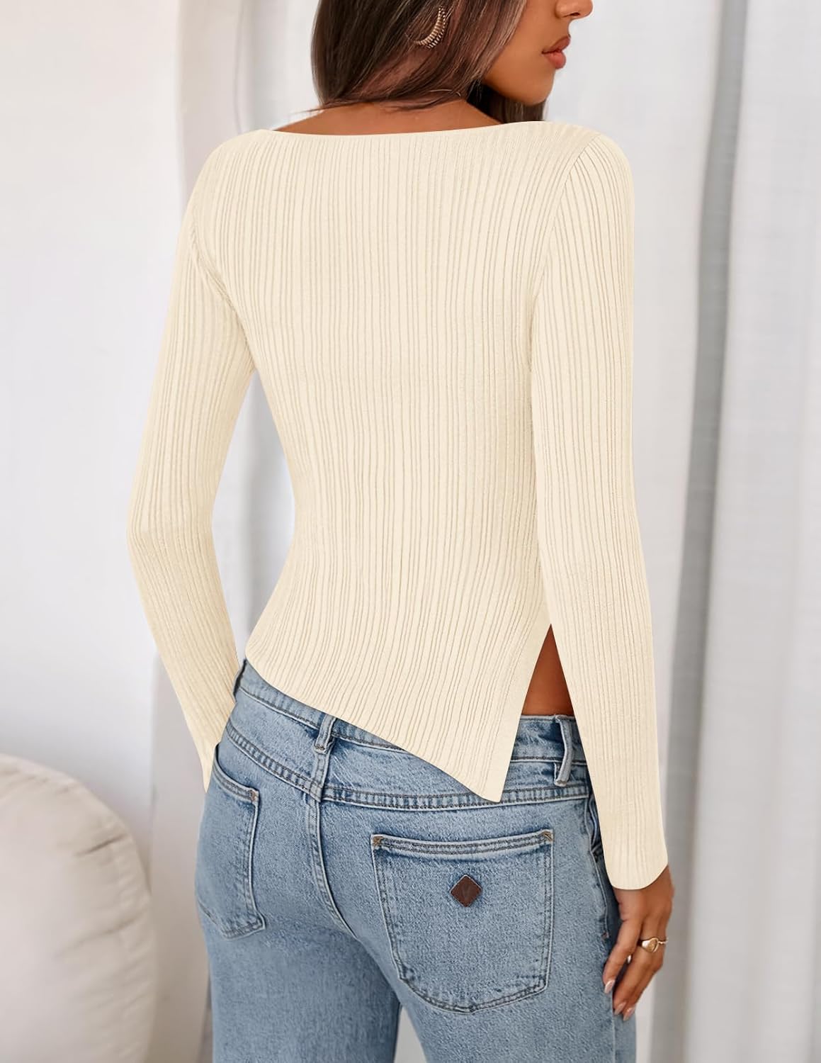 MEROKEETY Women's Fall Long Sleeve Sweater Tops 2025 Boat Neck Ribbed Asymmetric Lightweight Knit Shirts - Image 3