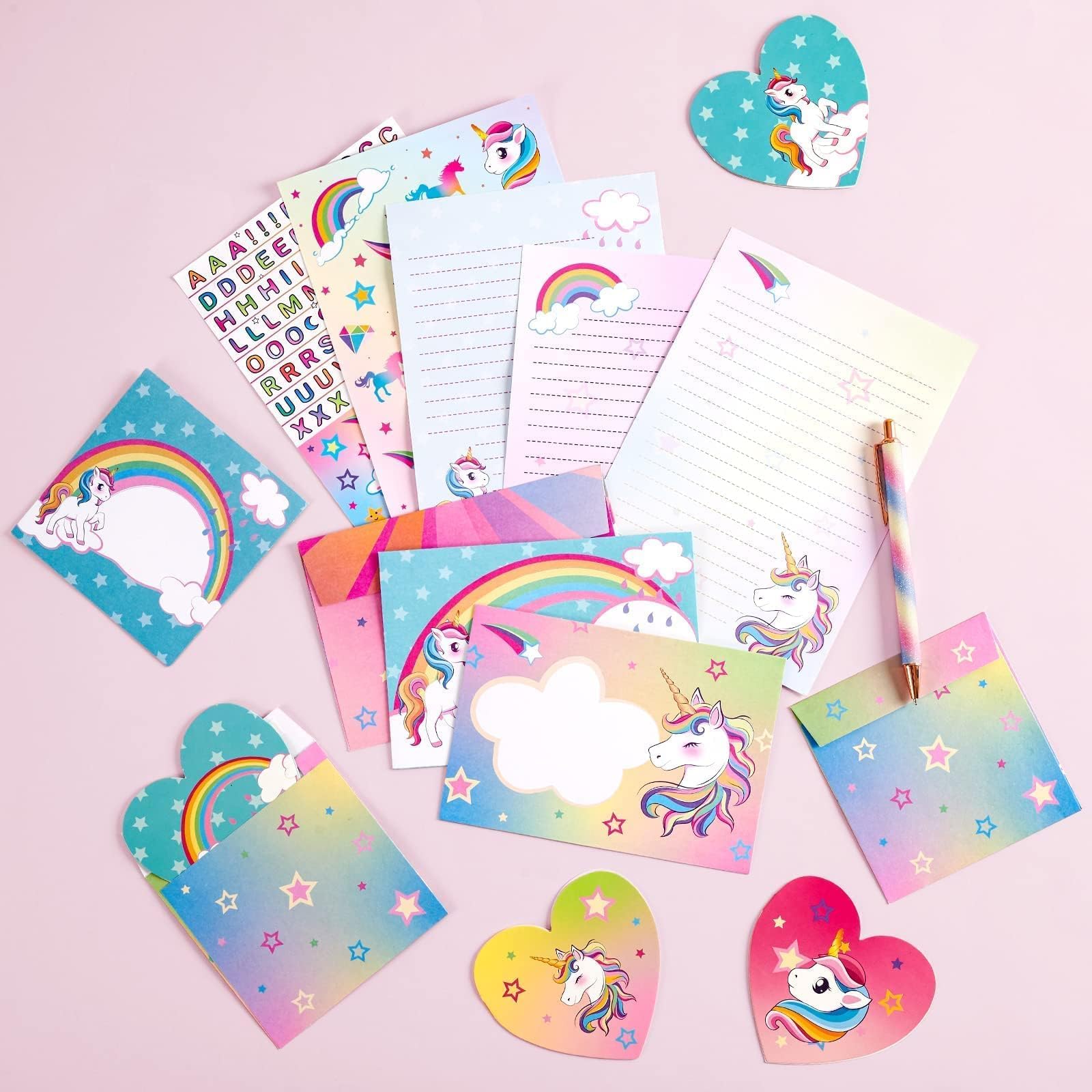 Set Cancelleria Unicorno Per Bambine 4-12 Anni – 53 Pezzi Con Carte, Buste, Adesivi E Timbri