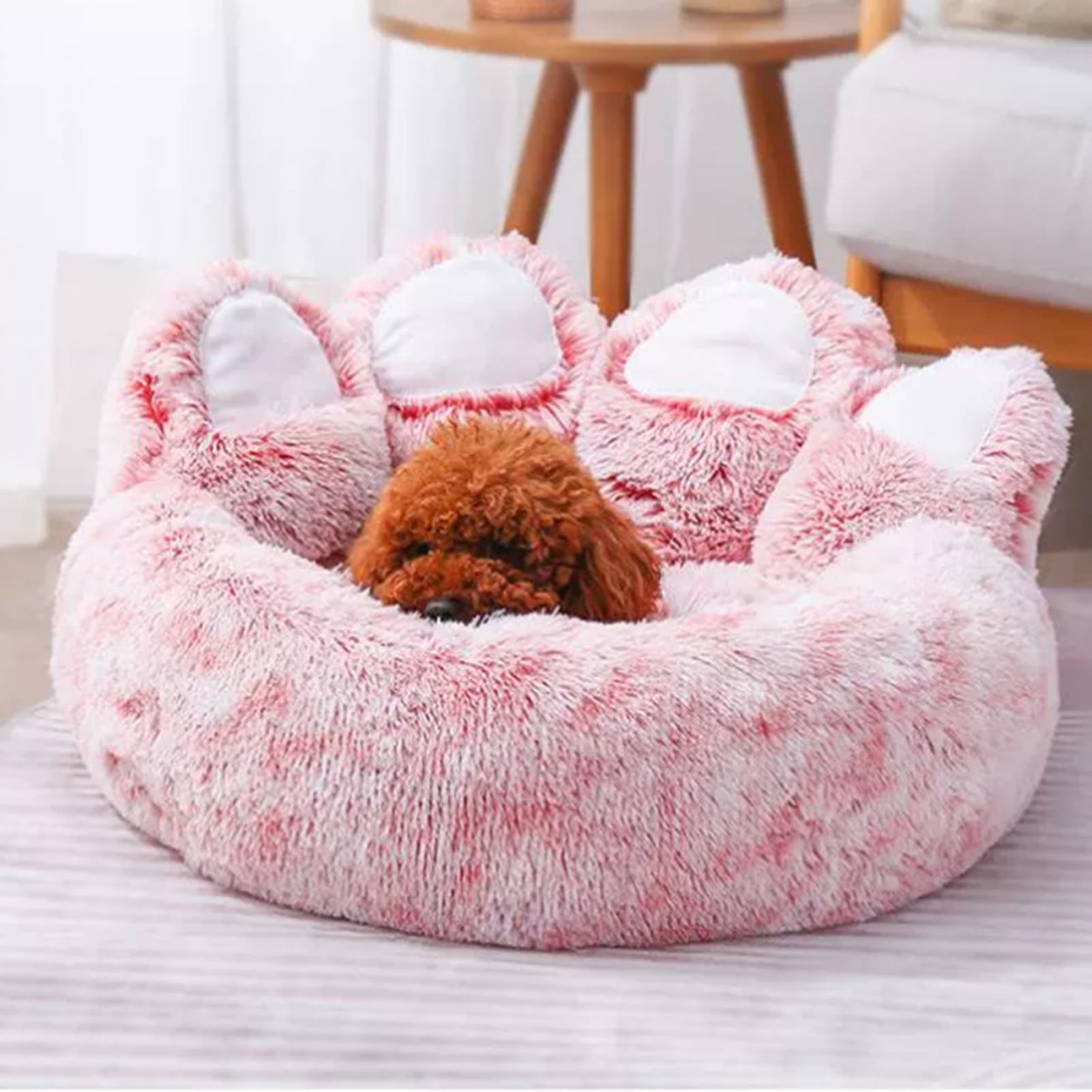 HshDUti Calming Dog Bed for Small Dogs, Paw-Shaped Calming Dog & Cat Bed, Anti-Anxiety Donut Cuddler Warming Cozy Soft Round Bed, Puppy Pet Bed for Small Medium Dogs and Cats Light Pink 70cm