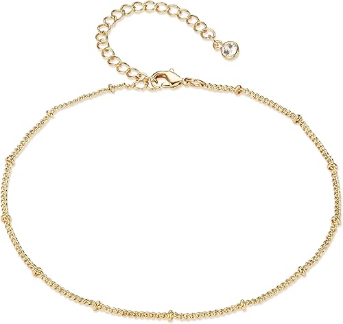 Women Dainty Anklet,14K Gold Plated Satellite Anklet Double Layered Cute Beads Chain Tassel Coin Disc Heart Summer Ankle Bracelet Boho Beach Foot