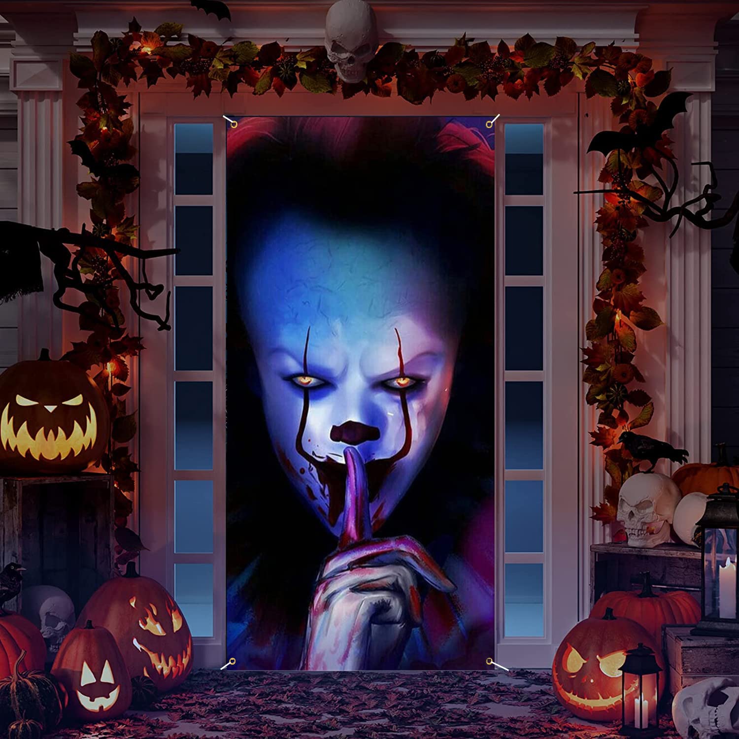 Joker Payaso Halloween Banner Decoración Halloween Puerta Cubierta telón de fondo Trick or Treat Película de terror Asesino espeluznante Terror IT Tema Fondo Decoración Halloween Fiesta de cumpleaños