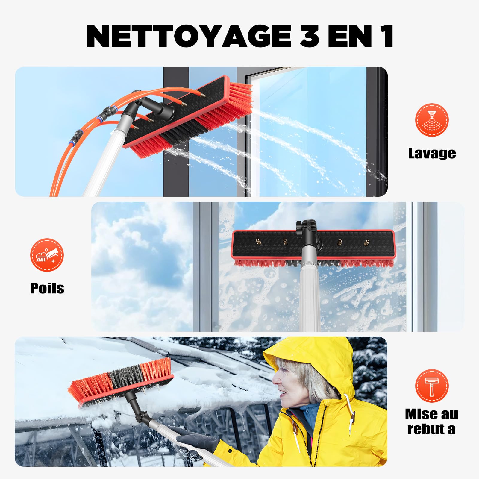 Barra de limpieza telescópica de aluminio de 7,4 m con cabezal giratorio de 180° y manguera de agua, cepillo de lavado de ventanas y paneles solares para fachadas, techos y ventanas altas