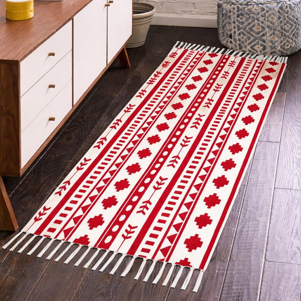 Printed Cotton Rug Runner for Kitchen, Bedroom, Living Room - 2x5 Feet Durable Floor Dhurrie for Entryway 22x60 Inches - (Red)-image-28