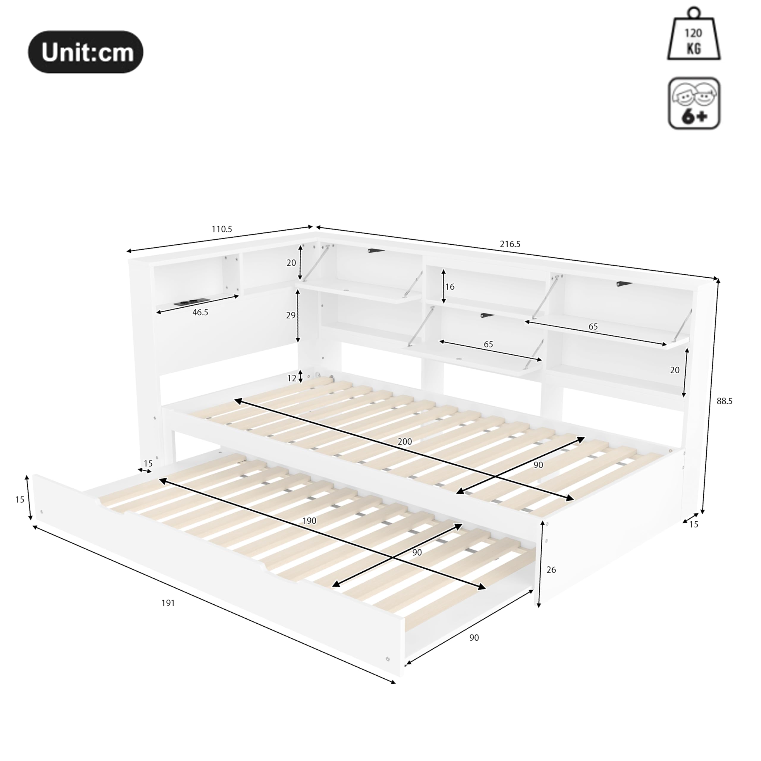 Divano letto, 90 x 200 cm, testiera con vano portaoggetti, letto estraibile, senza materasso, bianco