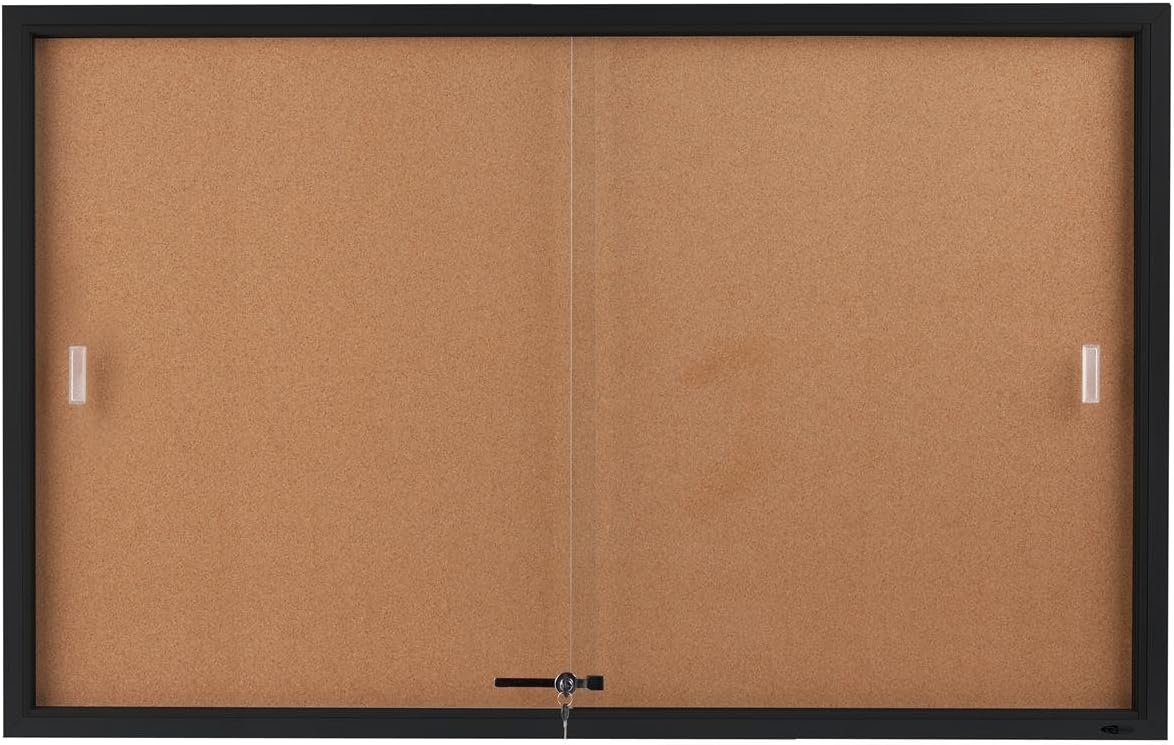 Enclosed Sliding Door Cork Bulletin Board, 5 x 3 Feet, Self-Healing Corkboard Display Surface, 60" x 36" Notice Board for Wall Mount with Included Mounting Hardware, Black, Aluminum Frame