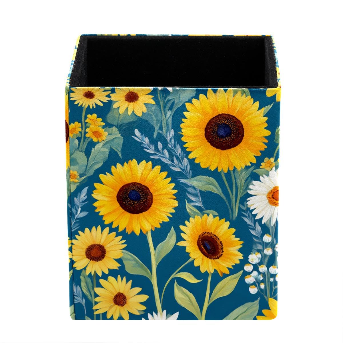 HEOEH Sunflowers Daisy Pen Holder Pen Pot, Square Pencil Cup for Desk