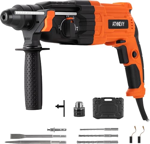 1" SDS-Plus Rotary Hammer Drill, 8 Amp 3.0J 4-Function Variable Speed | Hammer Drill with Safety Clutch & Reverse Stop, Concrete Demolition Tool Kit with Bits, Chisels & Case