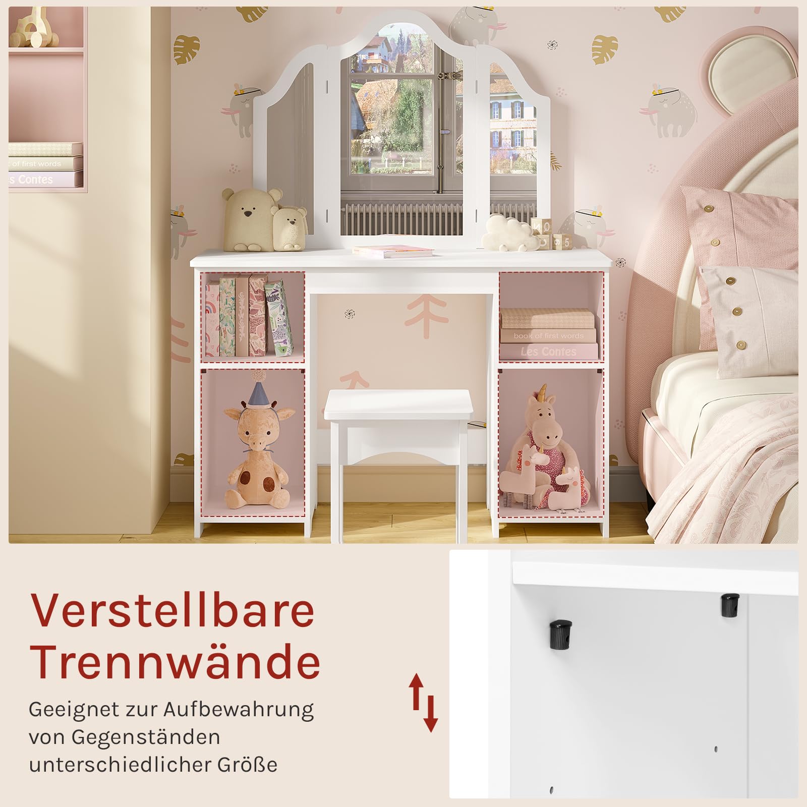 WOLTU Kinder Schminktisch mit Hocker Spiegel, Abnehmbarer Dreifachspiegel, Kleiner Frisiertisch mit 4 offenen Fächern, verstellbare Einlegeböden, Mädchen Kosmetiktisch, weiß, MDF, MB6120ws