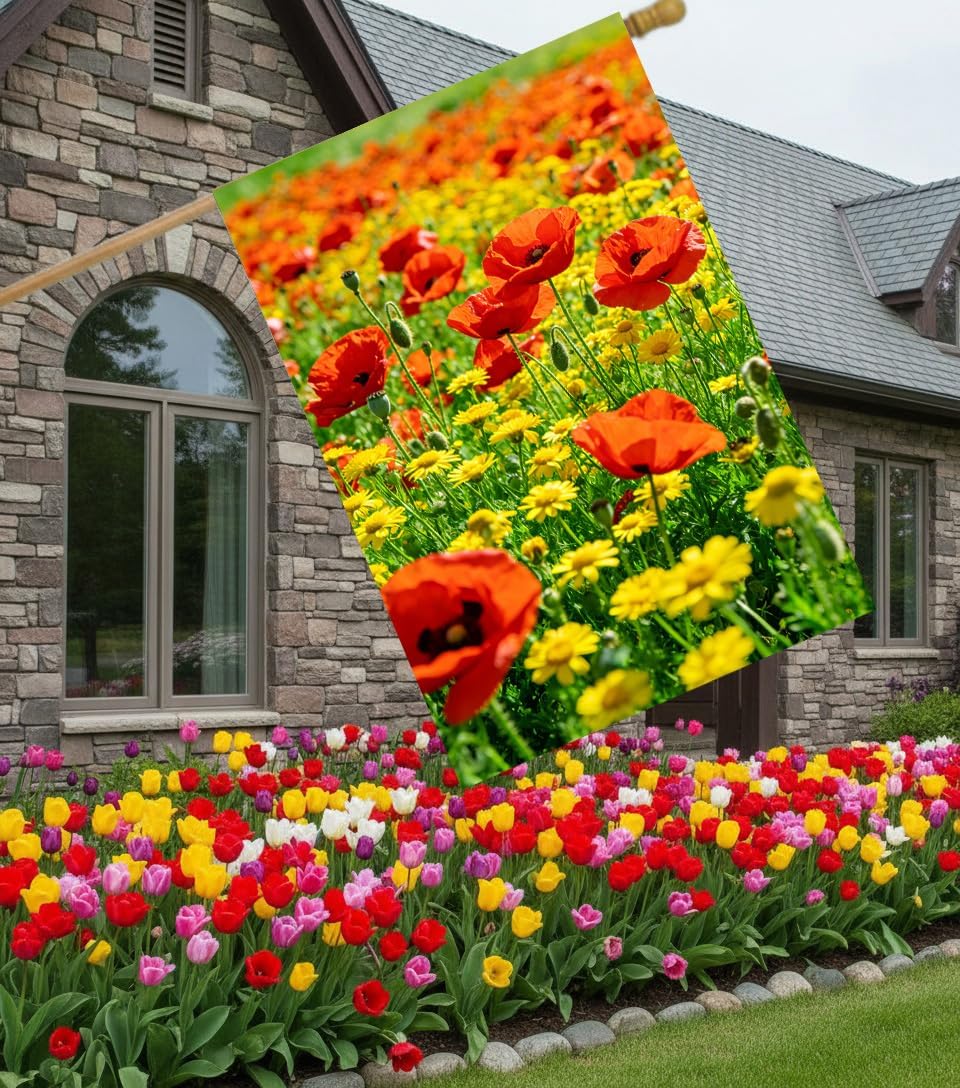 Red Poppy Yellow Daisy Floral Flower Spring Summer Watercolor Abstract Art House Flag 28 x 40 Inch, Double Sided Large Garden Yard Welcome Flags Banners for Home Lawn Patio Outdoor Decor