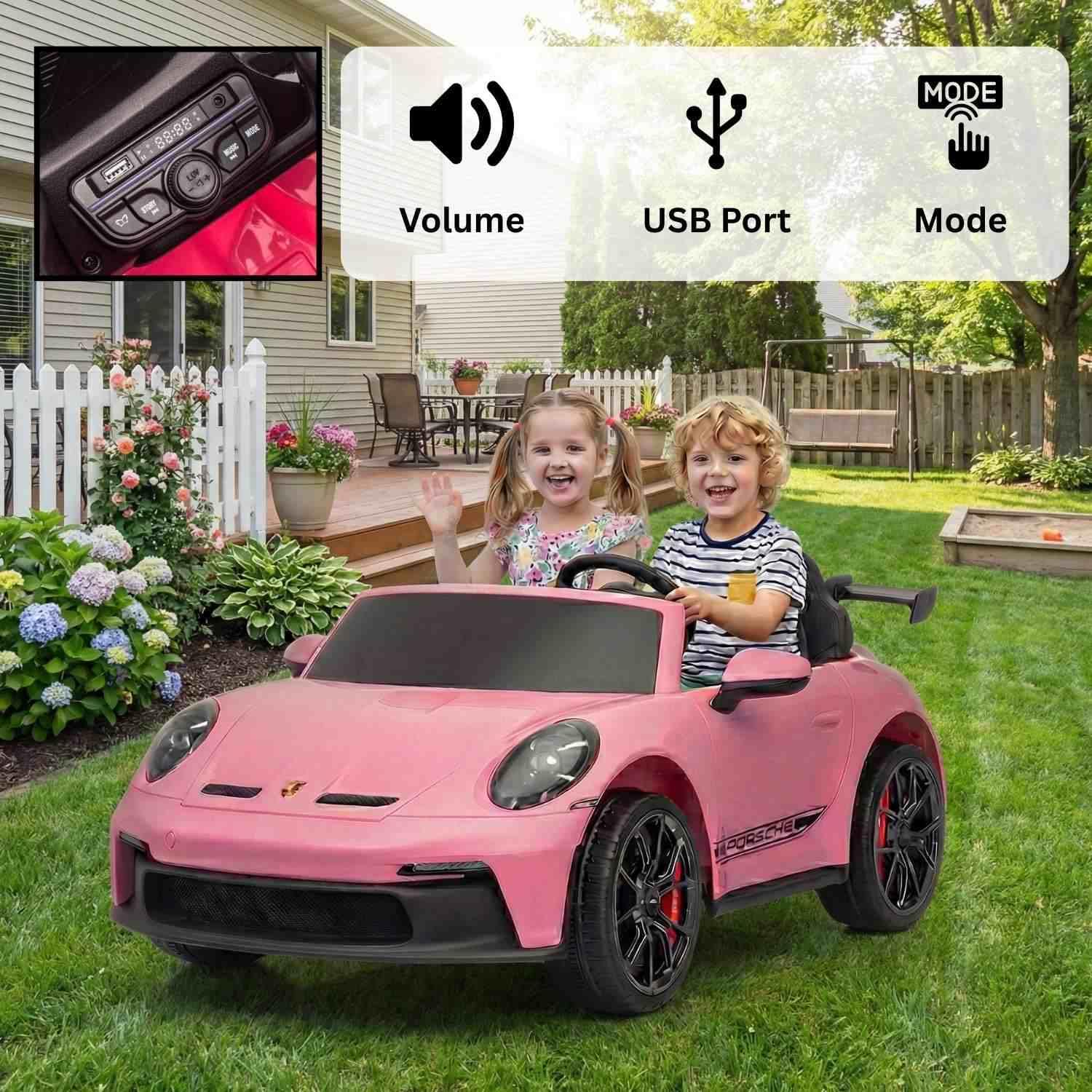 Elektrisches Kinderauto Porsche 911 24V mit 4x4-Antrieb, rosa, Zwei Sitze, 2,4-GHz-Fernbedienung, USB/AUX-Eingang, 200W-Motoren, Federung, Lithium-Batterie, LED-Leuchten vorne und hinten