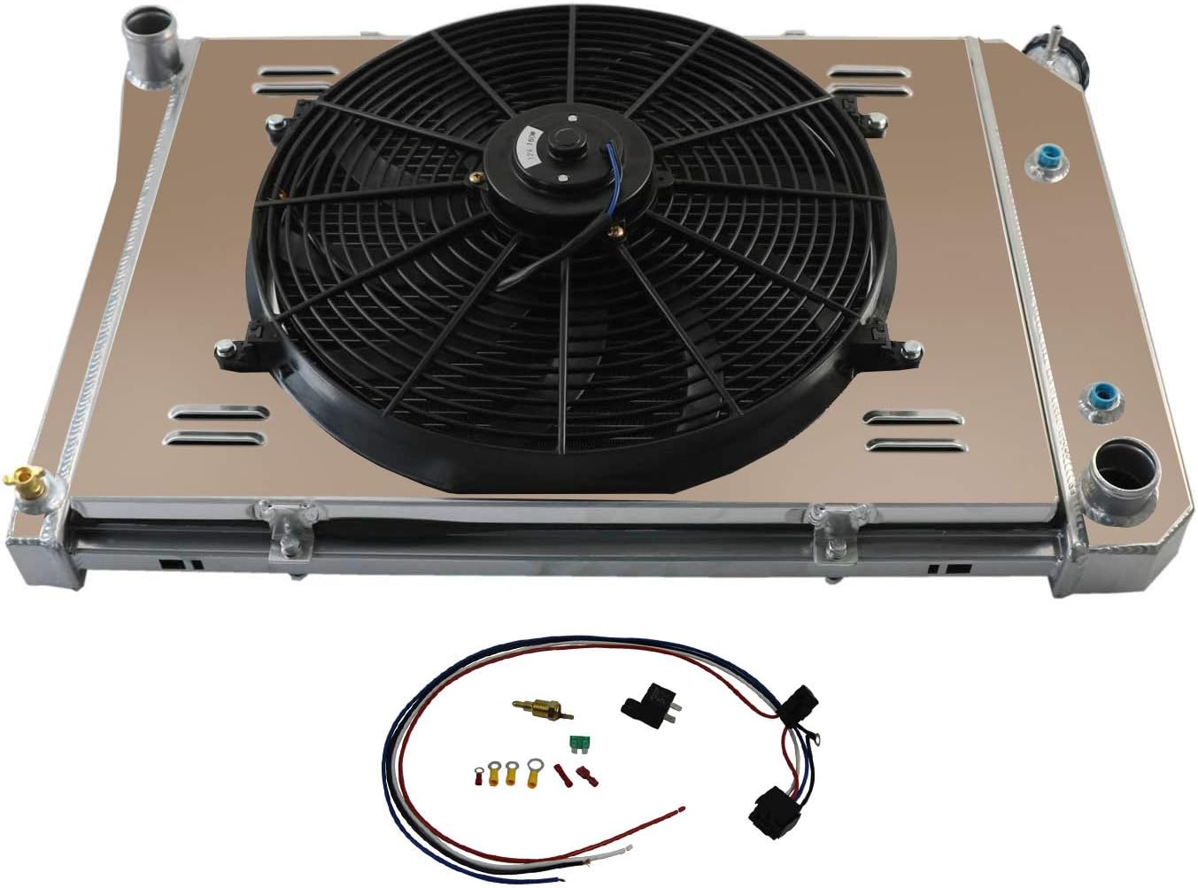 4 Row Aluminum Radiator + Shroud + Fan + Relay Fit 73-74 Buick&Chevy&Oldsmobile&Pontiac Apollo/Nova/Omega/Ventura 4.1L L6/5.0L 5.7L V8