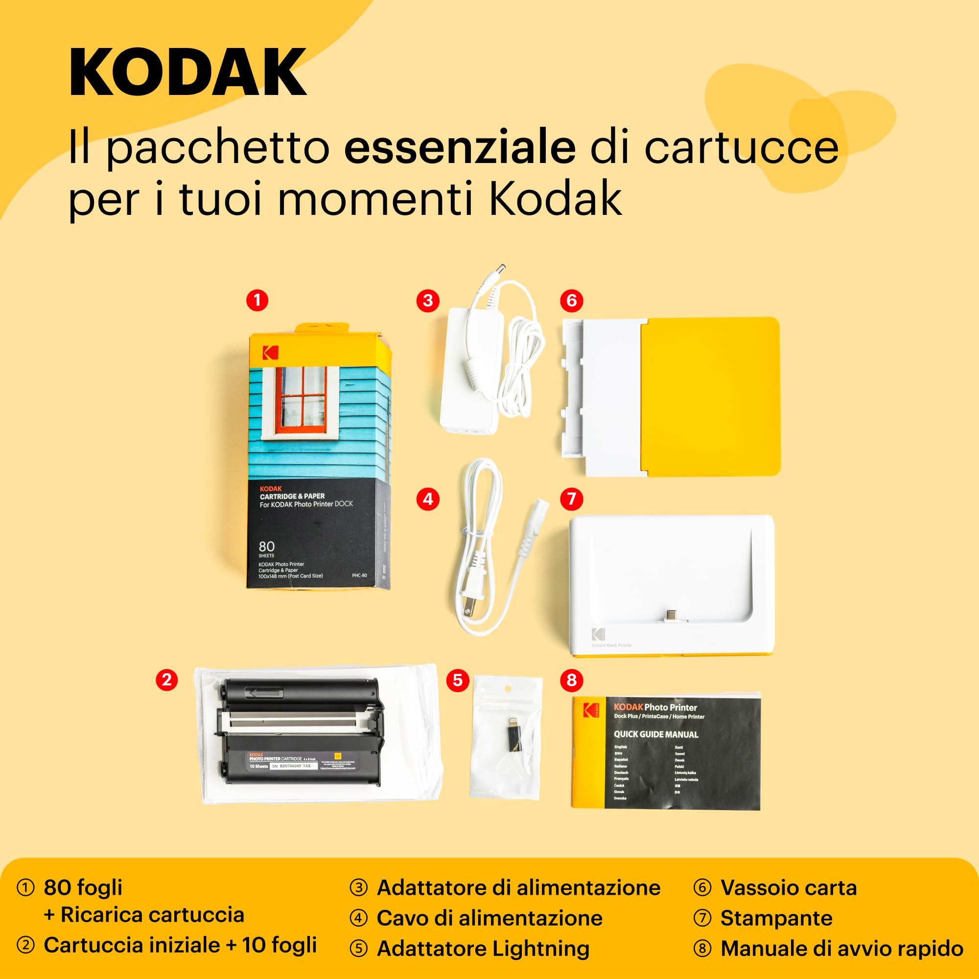Kodak Dock Plus PD460, stampante fotografica portatile per smartphone, stampa istantanea, 10 x 15 cm, iOS e Android, Bluetooth & Docking, confezione da 80 + 10 carte fotografiche, giallo e