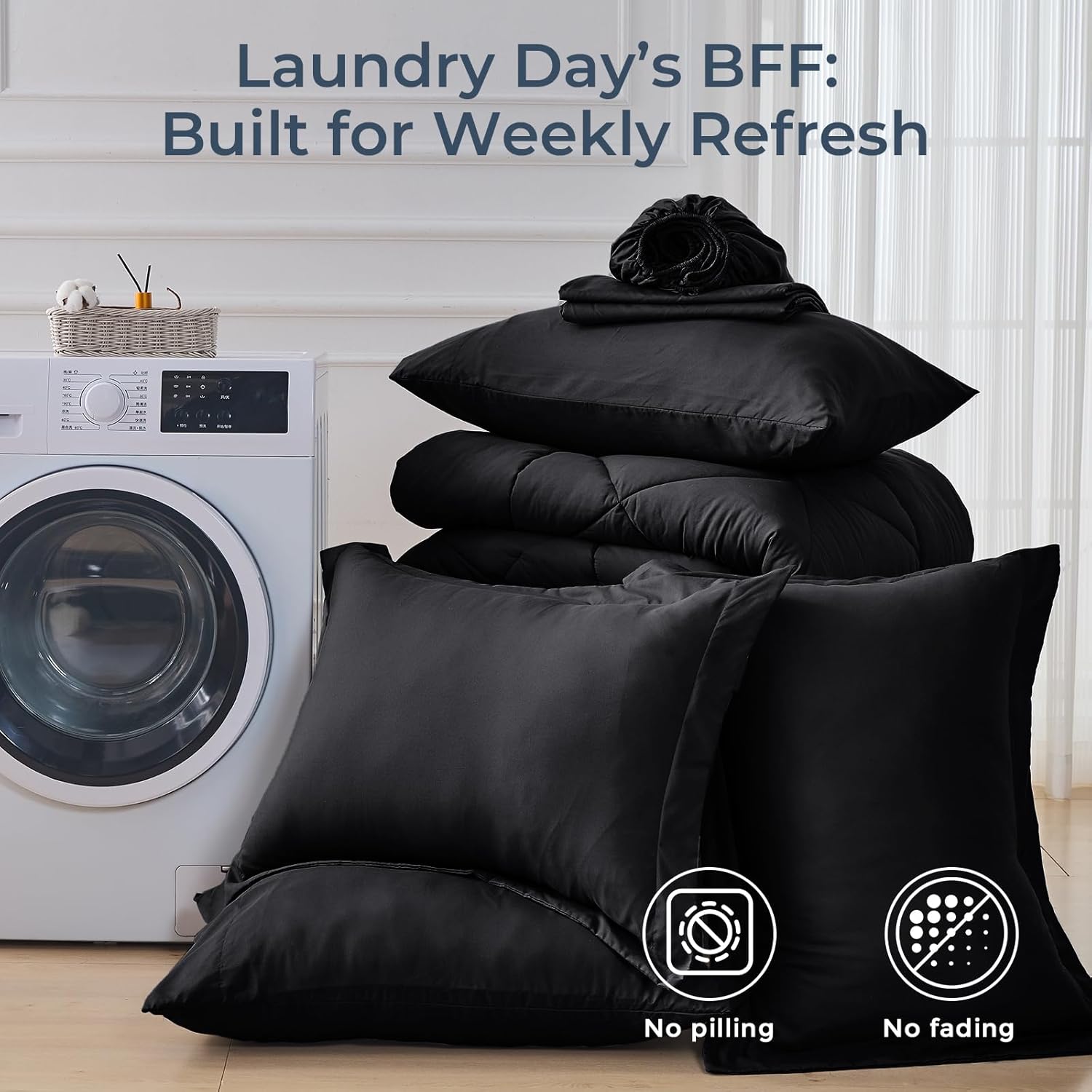 HEVUMYI Black Full Comforter Set - 7-Piece All Season Bed in a Bag Full, Ultra Soft Bedding Set with Comforter, Flat Sheet, Fitted Sheet, Pillowcases, Pillow Shams, Black - Image 7