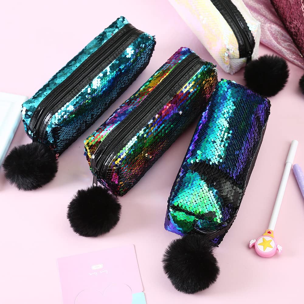 Astuccio Reversibile Con Paillettes – 3 Colori – Doppio Lato Rosa/Rosso E Argento – Con Zip E Pompon – Portatrucco E Scuola - 2