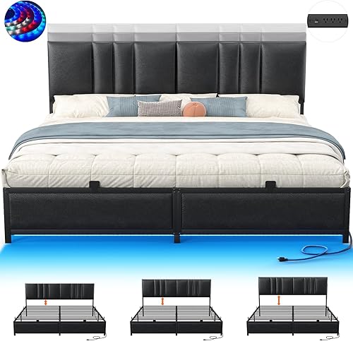 Base de cama tamaño King con cabecera ajustable de 3 alturas, cama de plataforma tapizada de cuero con luz LED y estación de carga, soporte de marco