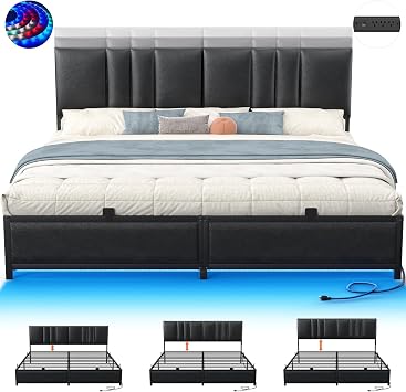 Besiost King Size Bed Frame with 3 Height Adjustable Headboard, Upholstered Leather Platform Bed with LED Light & Charging Station, Stable Metal Frame Support, No Box Spring Needed, Noise Free, Black