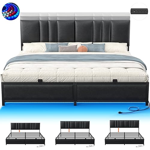 King Size Bed Frame with 3 Height Adjustable Headboard, Upholstered Leather Platform Bed with LED Light & Charging Station, Stable Metal Frame Support, No Box Spring Needed, Noise Free, Black