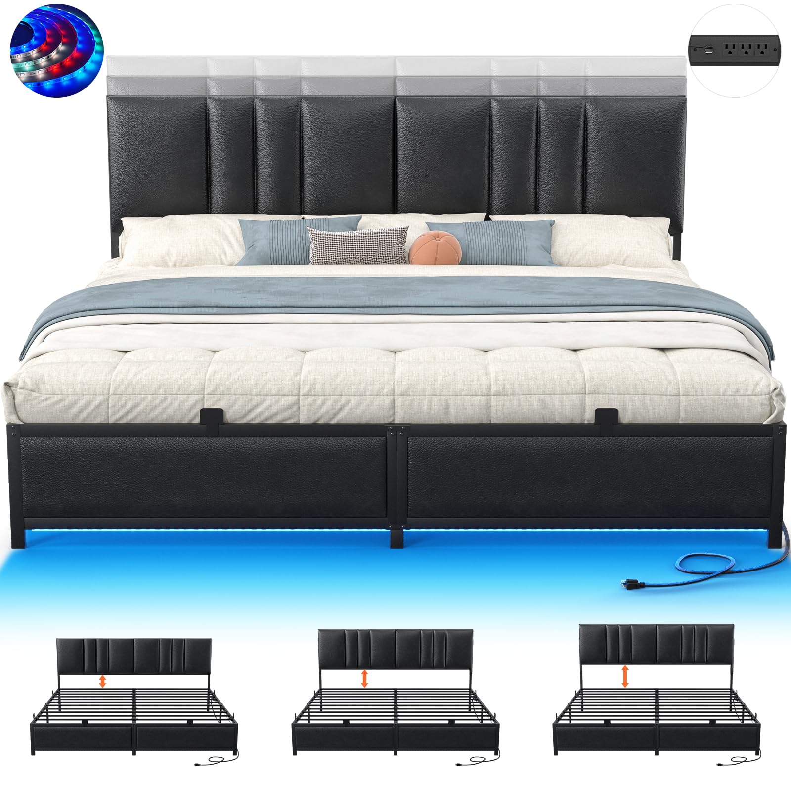 King Size Bed Frame with 3 Height Adjustable Headboard Upholstered Leather Platform Bed with LED Light Charging Station