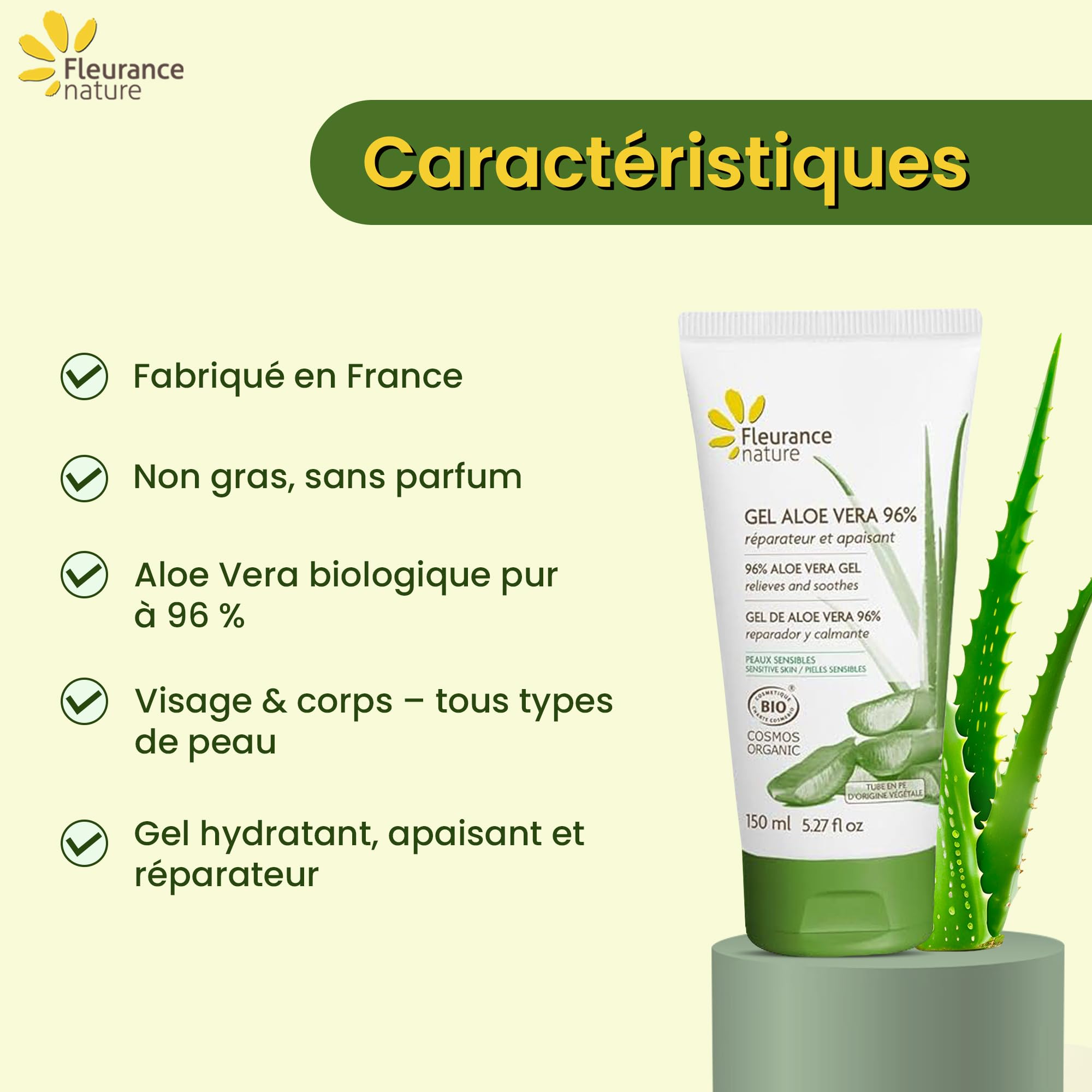 Aloe Vera Gel, 96% Puro BIO Fleurance Nature 150 ml, feuchtigkeitsspendend  fr empfindliche Haut fr Damen und Herren 24204 : Amazon.de: Drogerie &  Krperpflege