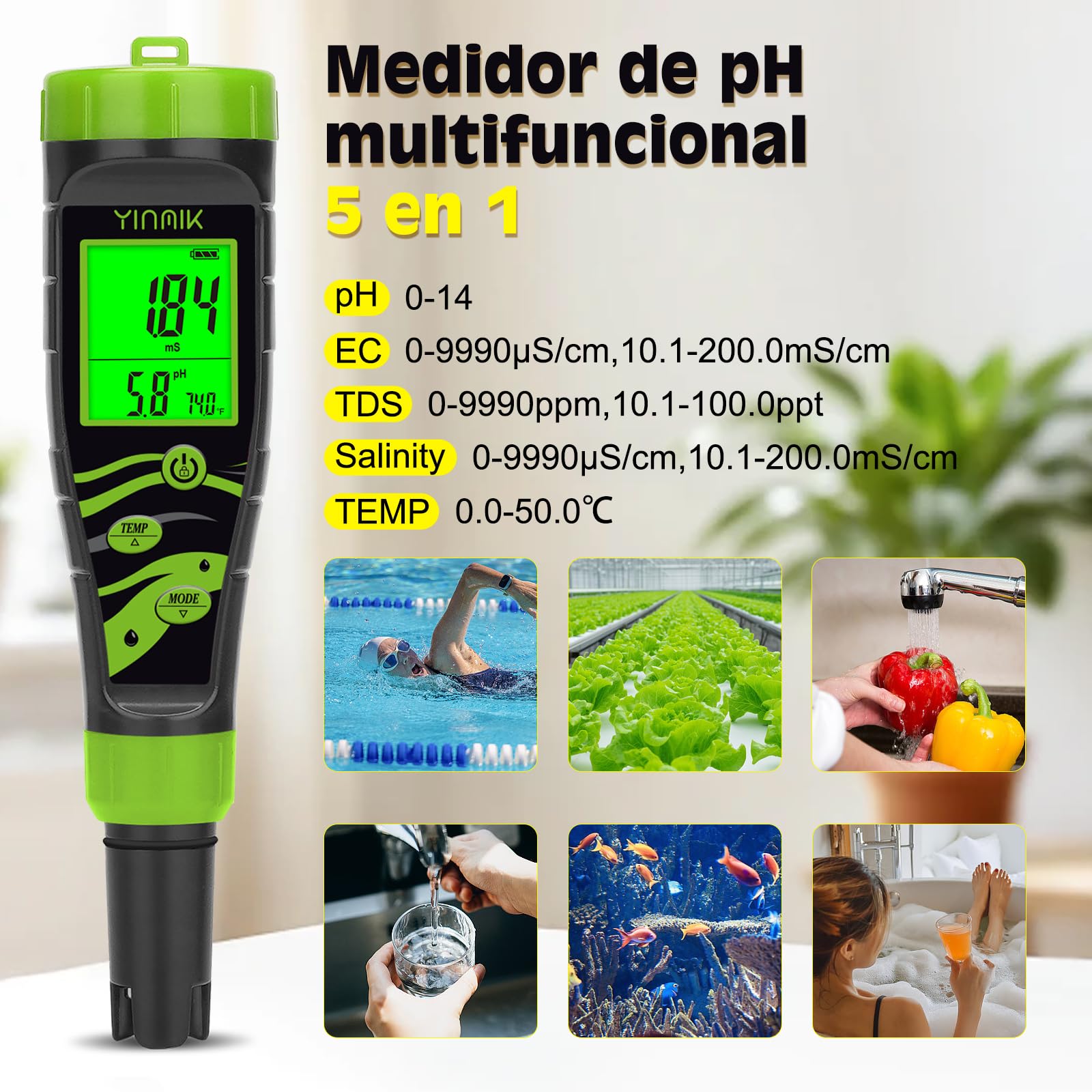 YINMIK Medidor Digital de pH y Salinidad para Piscinas 5 en 1, Tester Acuático EC TDS PPM, Comprobador de Conductividad para SPA, Hidroponía, Acuario y Agua Potable