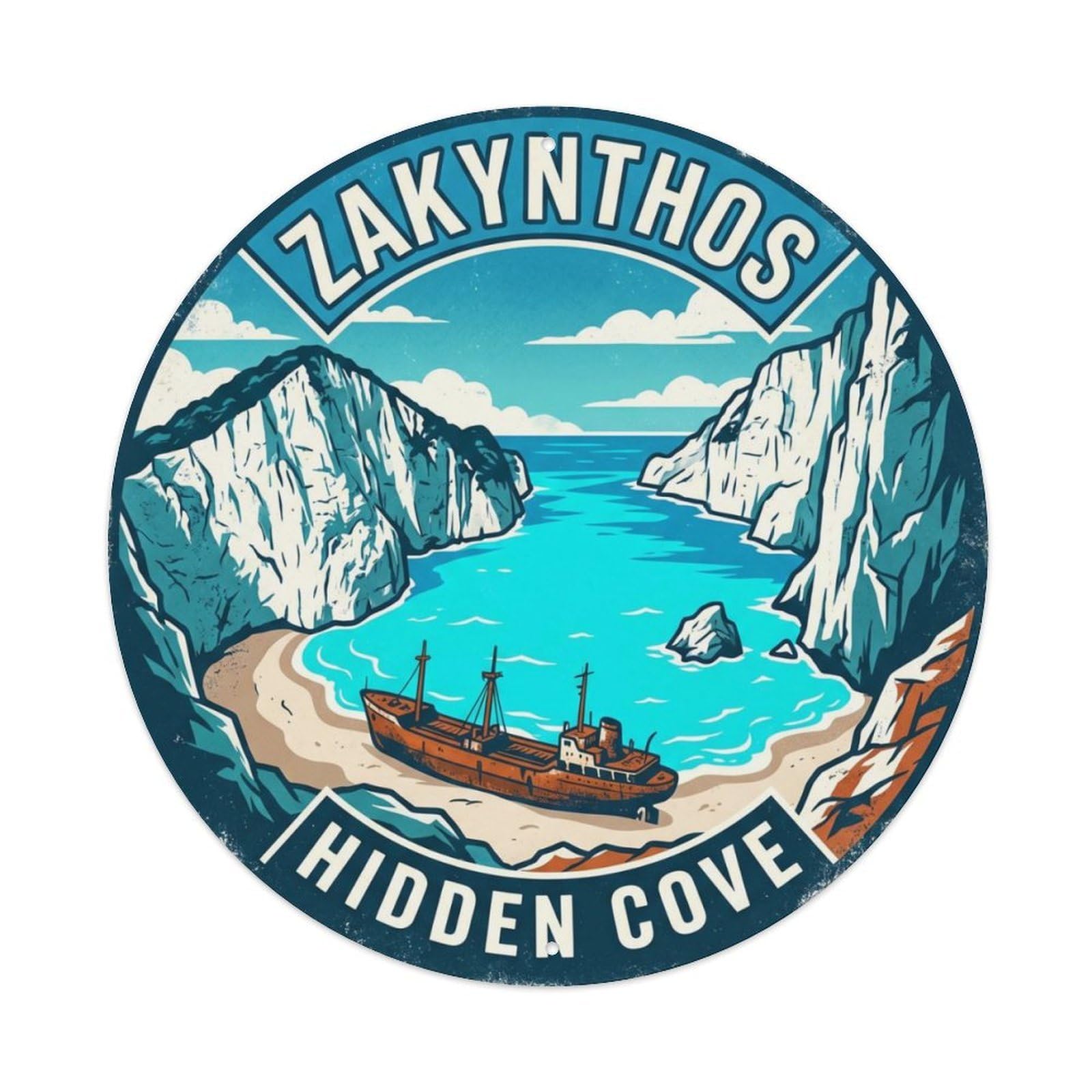 Vintage Travel Zakynthos Shipwreck Bay Metal Tin Sign Plaque Wall Decor for Cafe, Club, Garden Round Metal Poster 8x8Inch