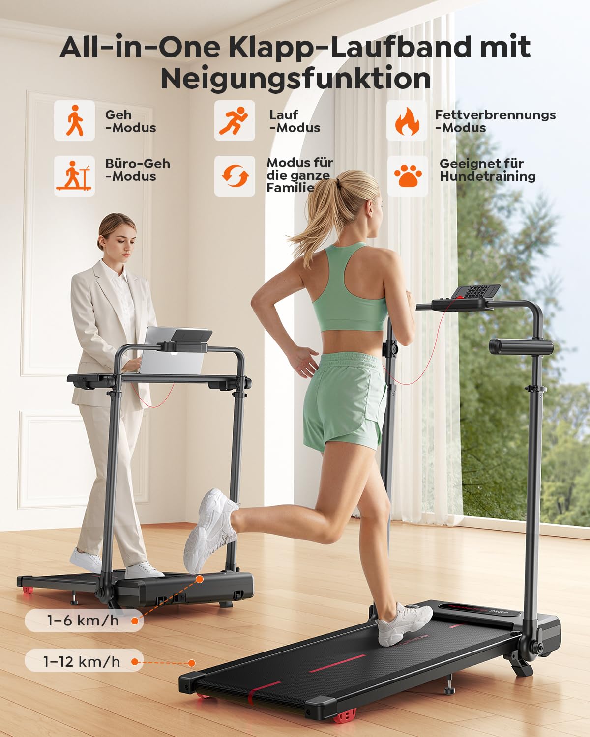 Laufband für Zuhause Klappbar mit 7% Steigung, All-in-1 Walking Pad bis 12 km/h mit 3,0 PS Leisem Motor, Höhenverstellung bis 150mm & Abnehmbarem Schreibtisch, APP und Fernbedienung