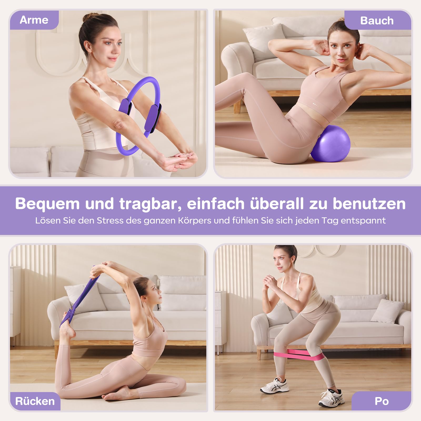 Kit de Pilates 13 pièces pour la Maison avec Anneau de 33 cm, Balle de 25,4 cm et Bandes de résistance pour Femmes à la Maison, équipement de Pilates pour débutants