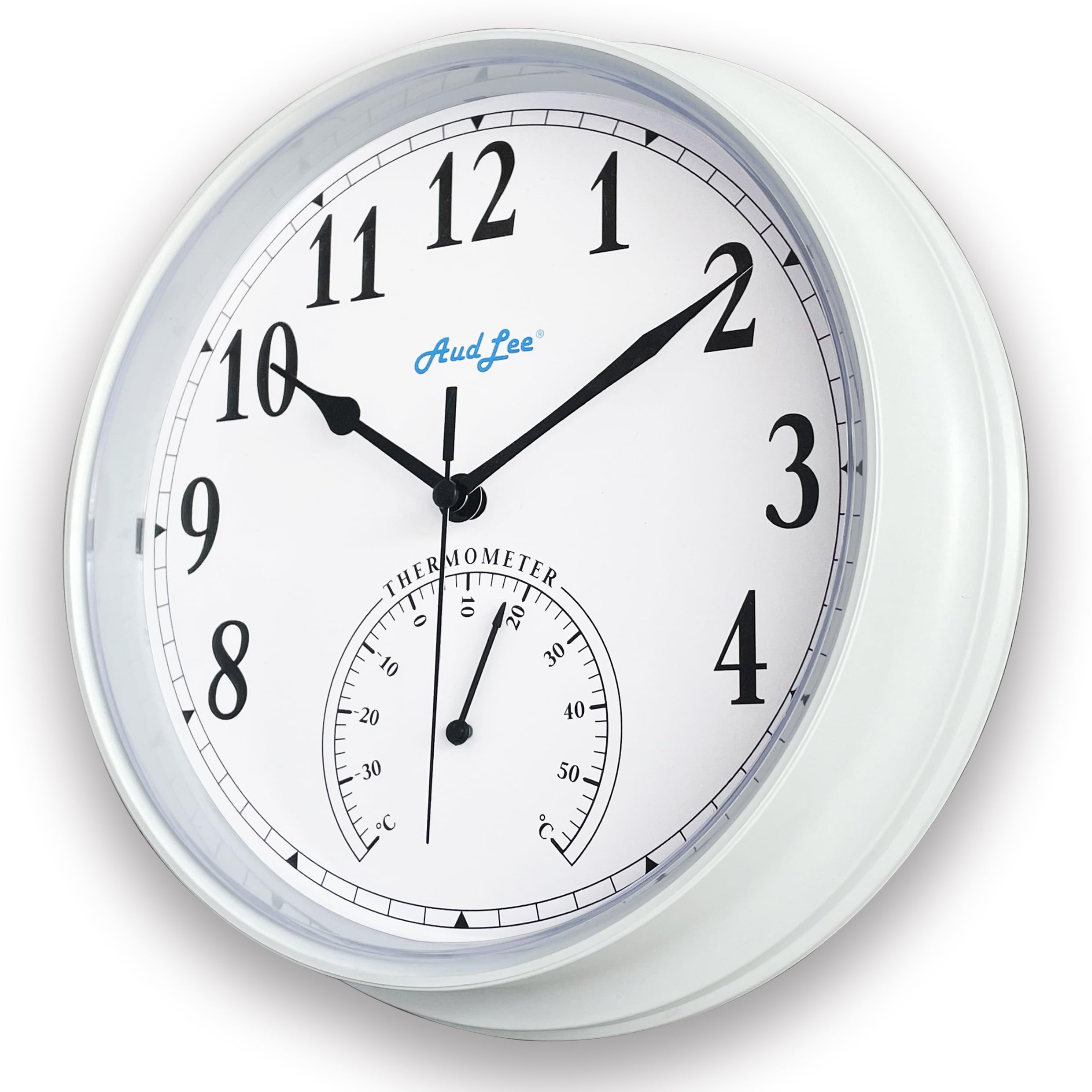 Audlee White (New) 25Cm Tub Indoor Wall Clock With Thermometer. Battery Operated Round Clock. Decorative Clock For Home/Office, Sweep Movement (White)