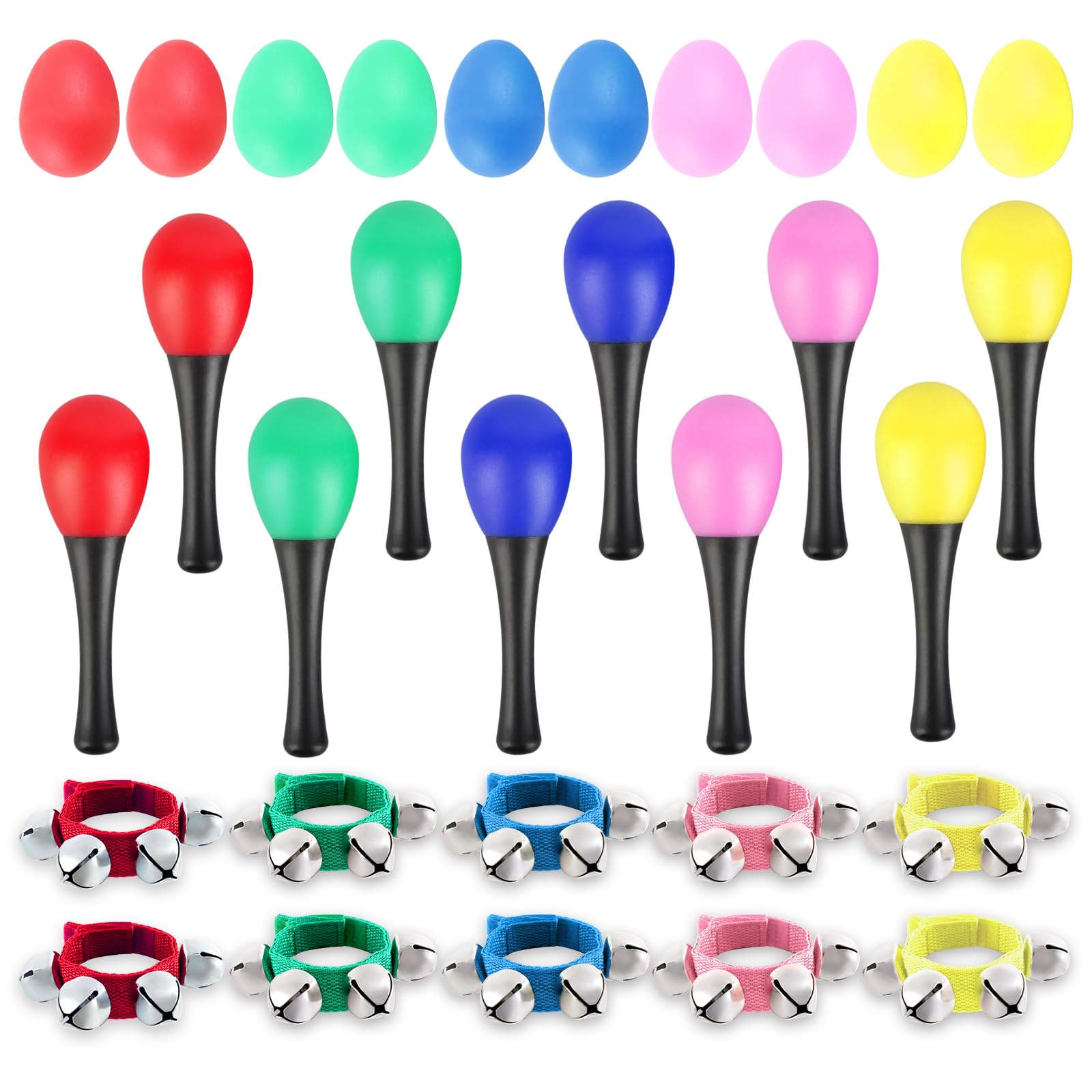 EASTROCK Musical Instruments - 30 Pcs Party Favors, Including Wrist Hand Band Jingle Bells, Egg Shakers, Maracas and Sand Hammers