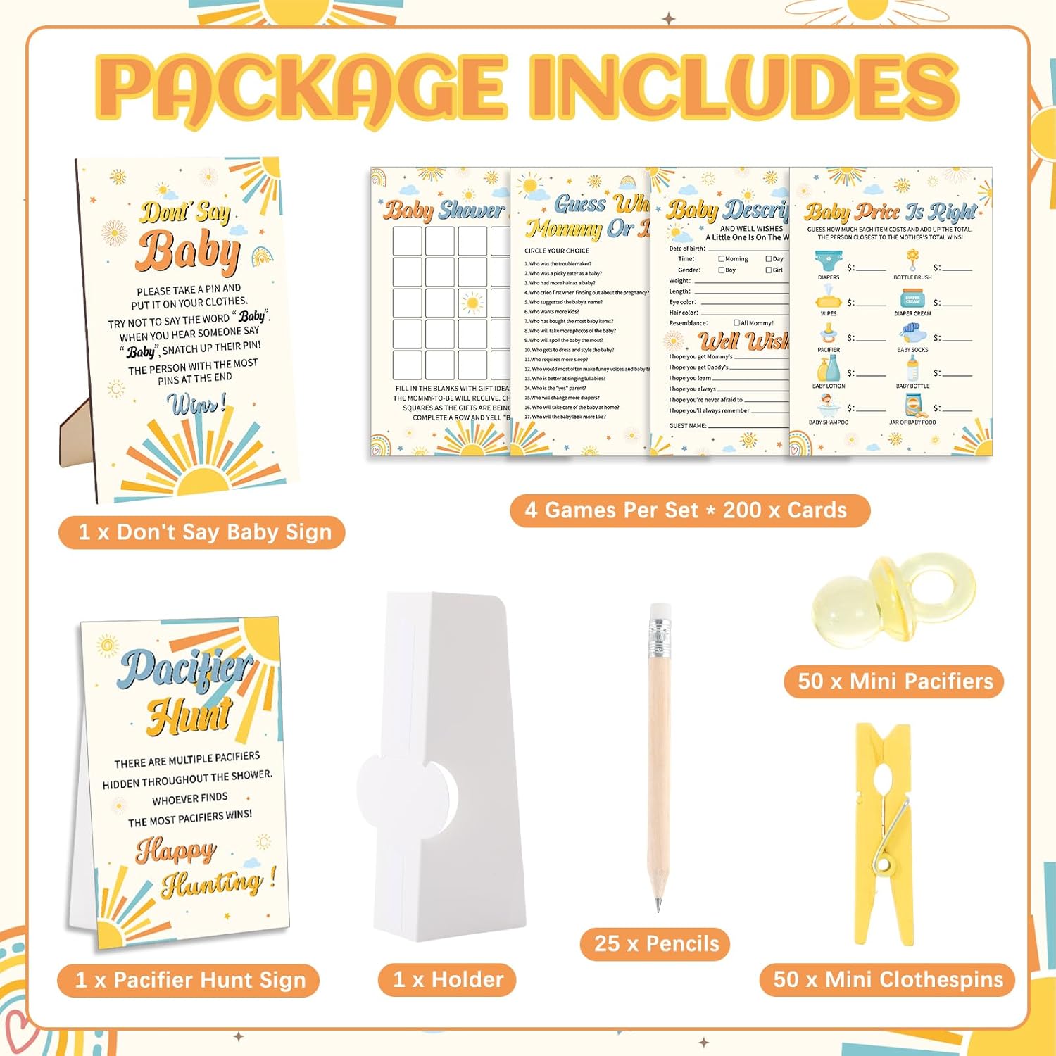 327 Pcs Here Comes The Son Baby Shower Game Supply Include 200 Activity Card 25 Pencil 1 Don't Say Baby Sign 50 Clothespin 1 Pacifier Hunt Sign 50 Pacifier for Price Is Right Decor