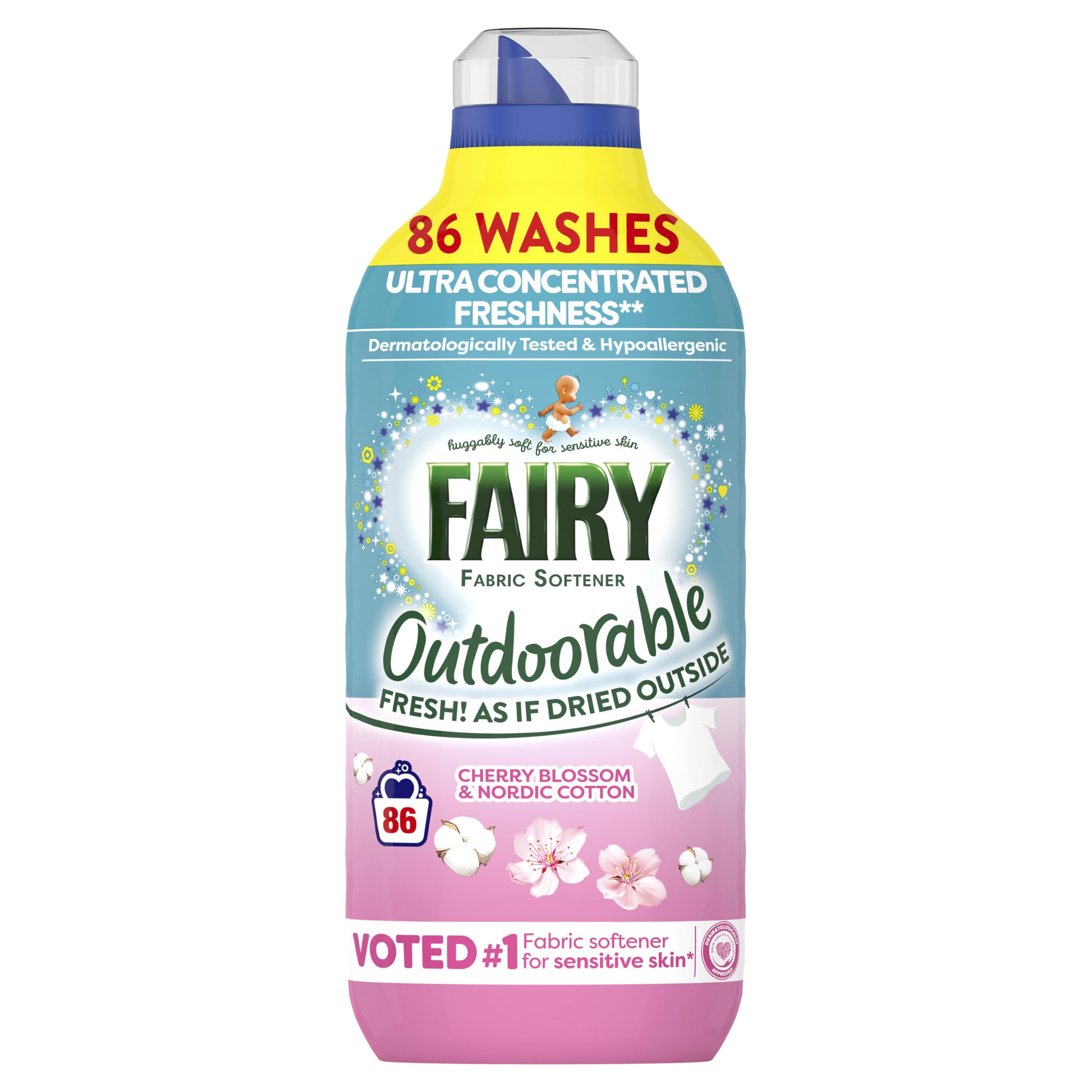 Fairy Outdoorable Fabric Softener, Cherry Blossom & Nordic Cotton, Ultra Concentrated Freshness for Sensitive Skin, 86 Washes, 1.204L