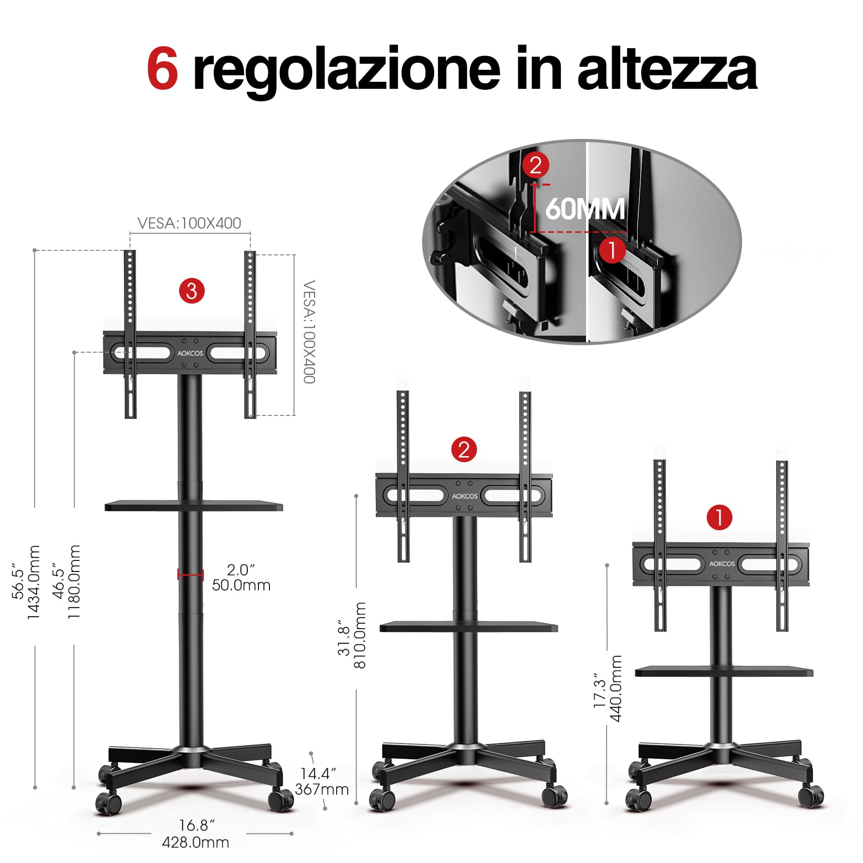 Carrello Porta TV Con Ruote Per 32-65 Pollici - Mobile Regolabile Per Soggiorno E Camera - Foto 7