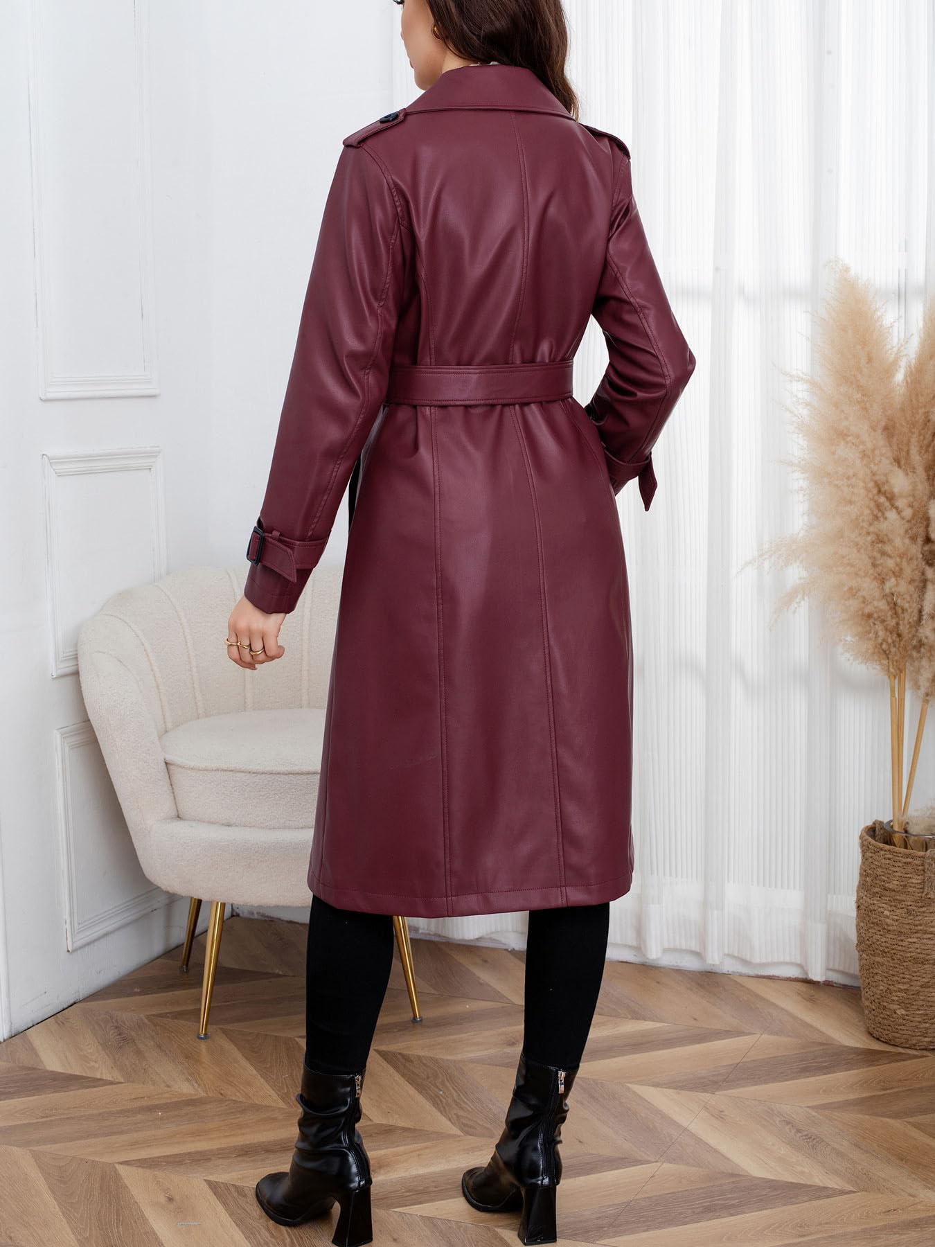 utcoco Damen-Trenchcoat aus Kunstleder, zweireihig, mit Gürtel, hohe Taille, lange PU-Lederjacke, Herbst-Winter-Oberbekleidung