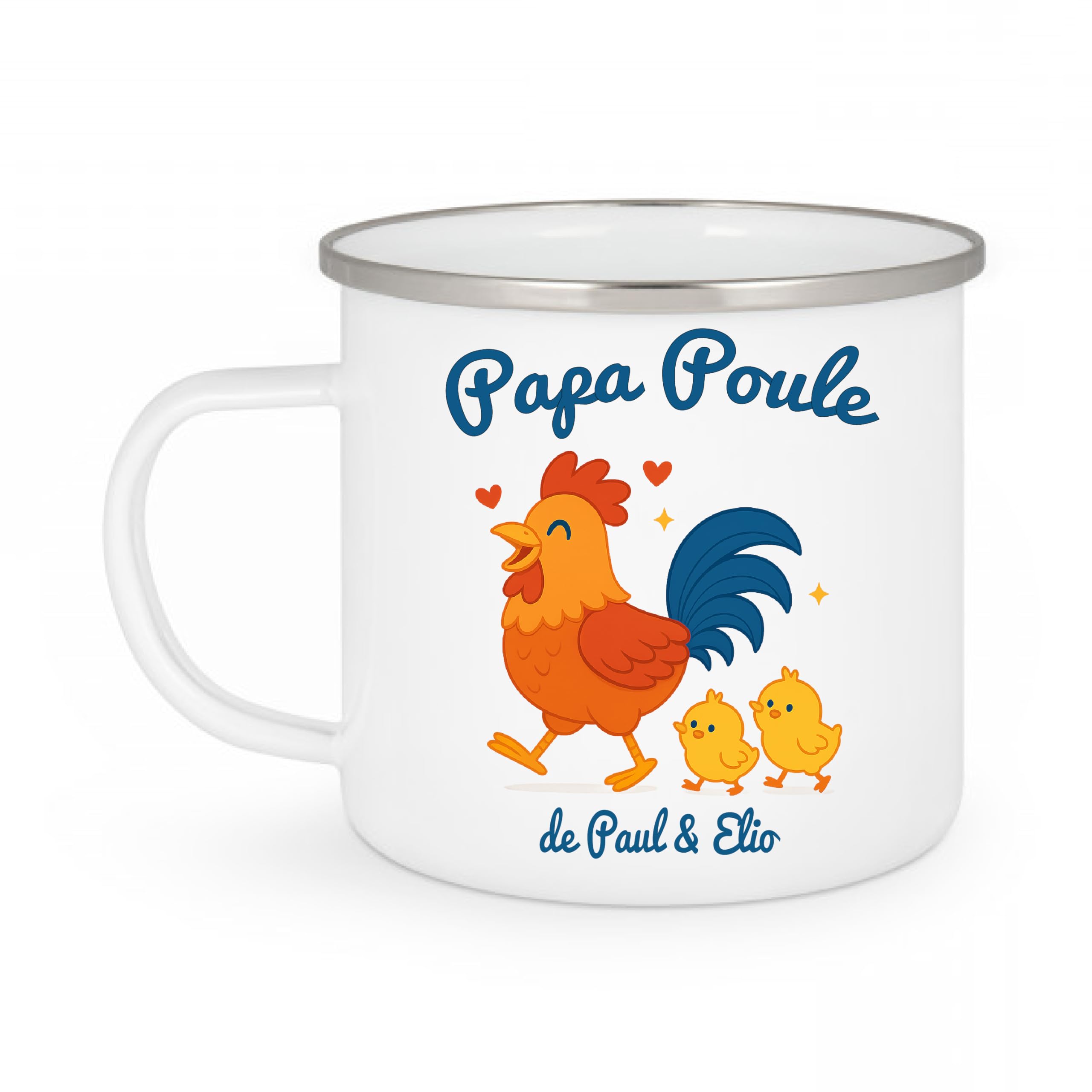 Mug Émaillé Papa Poule Personnalisé – Cadeau Fête des Pères – Petite Poule Rigolote – Tasse Papa avec Prénom(s) Enfant(s) – Idée Cadeau Originale