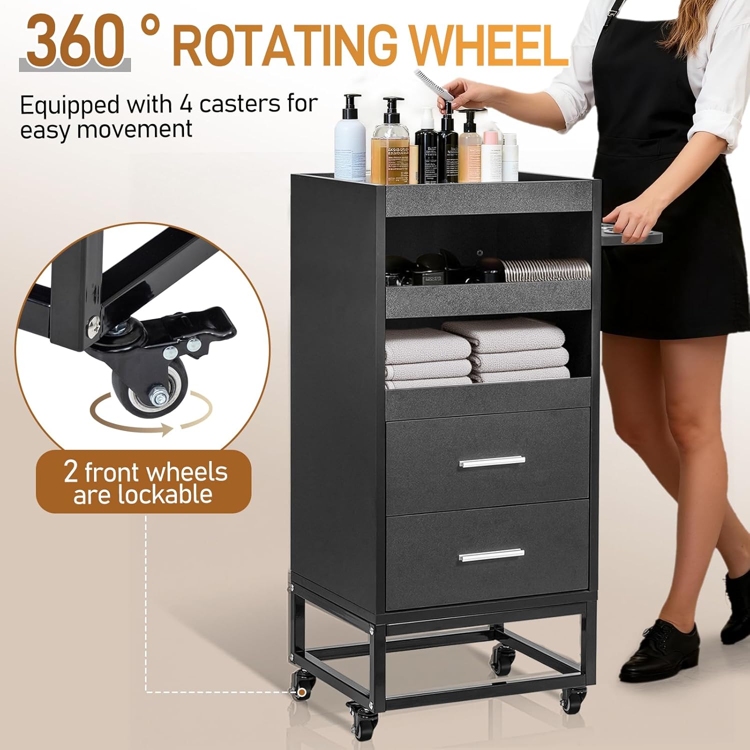 Winado Beauty Salon Trolley Cart, Rolling Hair Cart with Lockable Wheels, 2 Drawers, 3 Tool Holders, Mobile Makeup Organizer Station Cabinet for Hair Stylist Beauty Spa Barbershop, Black