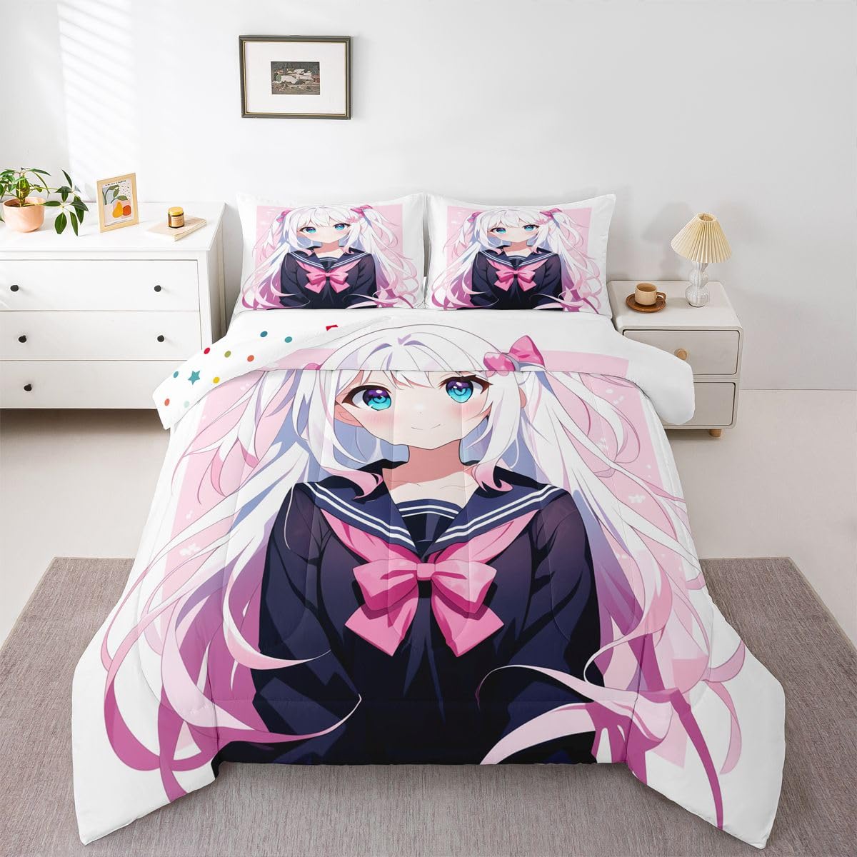 Erosebridal Kawaii Japanese Girl Comforter Set Cartoon Anime Gifts Bedding for Kids Boys Girls 3D Japanese Style Bedding Comforters &amp; Sets Sailor Suit Uniform Girl Design Duvet Set Queen Size