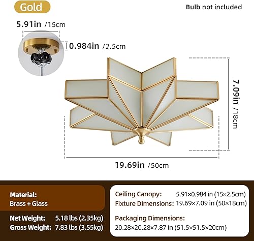 Miniatura 3 de Lámpara de techo empotrada con estrella dorada  19.5 pulgadas de vidrio de latón grande  Art Deco de mediados de siglo, luces de iluminación moravas
