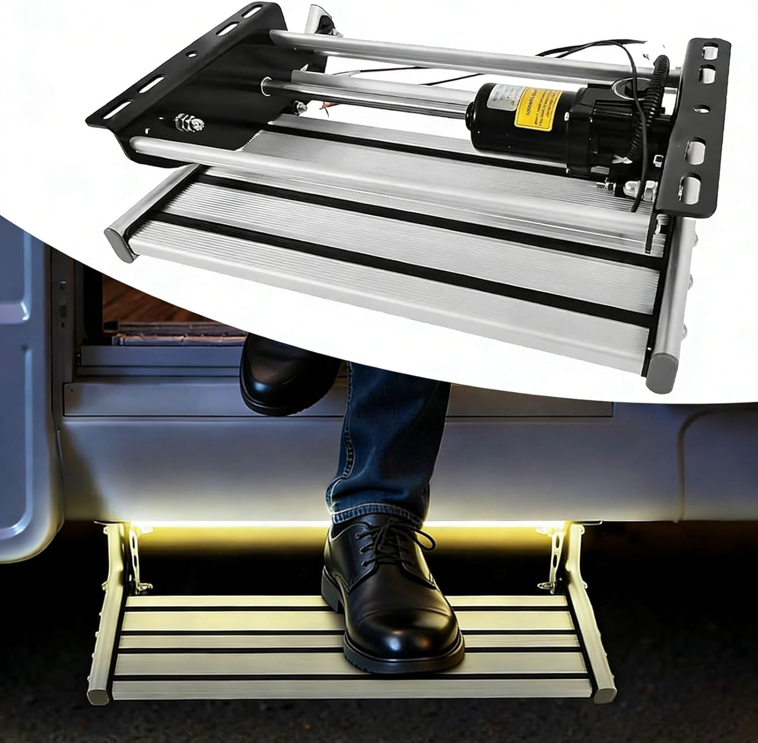 Gradini Elettrici RV Pieghevoli Singoli/Doppi con LED, Gradino Elettrico in Lega di Alluminio, Carico Massimo 200 kg, Antiscivolo, 12 V, Pieghevole, per Camper
