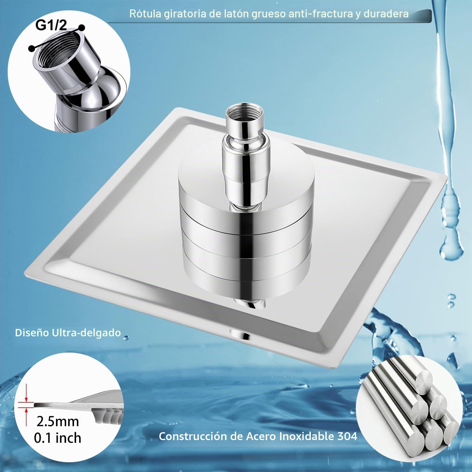 Cabezal de ducha filtrado, cabezal de ducha de alta presión con filtro para agua dura, elimina el cloro y las sustancias nocivas, cabezal de ducha cuadrado de 30 cm (cromado)