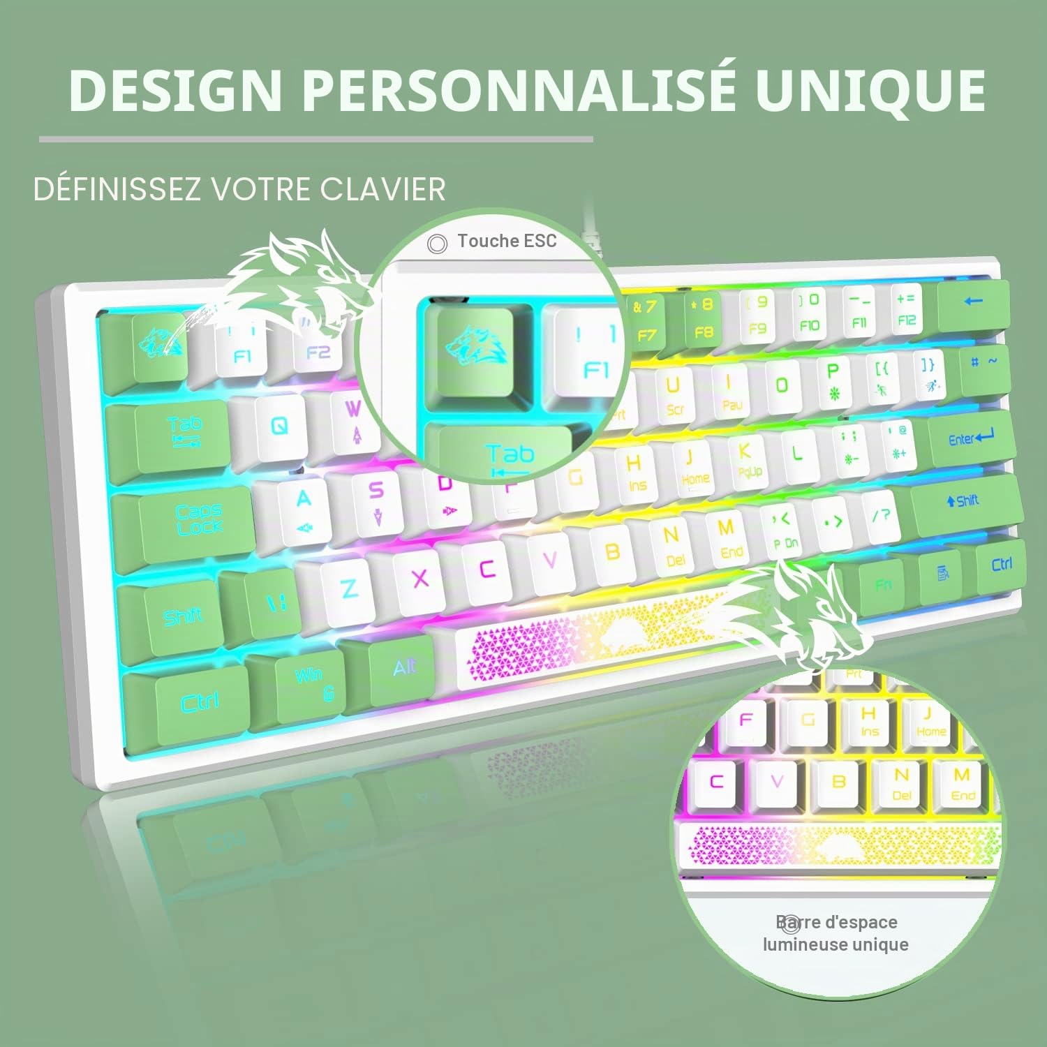K61 RGB Gaming Keyboard Mouse Set, Clavier de Jeu à Membrane mécanique, jusqu'à 3600 dpi, Souris de Jeu Optique à 7 Boutons, pour PC, Ordinateur Portable, Mac, Bureau et Jeux - Blanc