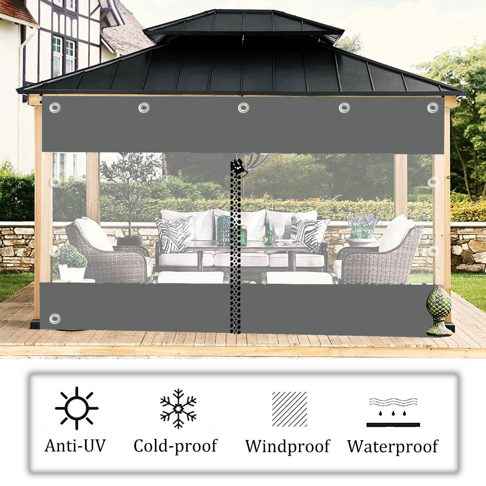 Telone laterale impermeabile trasparente grigio per gazebo, telo in PVC resistente alle intemperie per pergola da giardino e posto auto coperto, 2,8 x 3 m / 9.2x10.8ft, con occhielli