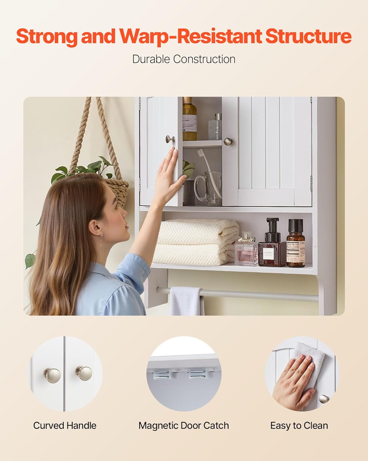 VEVOR Bathroom Wall Cabinet, 23" W x 27" H Storage Medicine Cabinet Wall Mounted, Hanging Organizer with Open Partition and Towel Bar for Laundry Room Kitchen, White