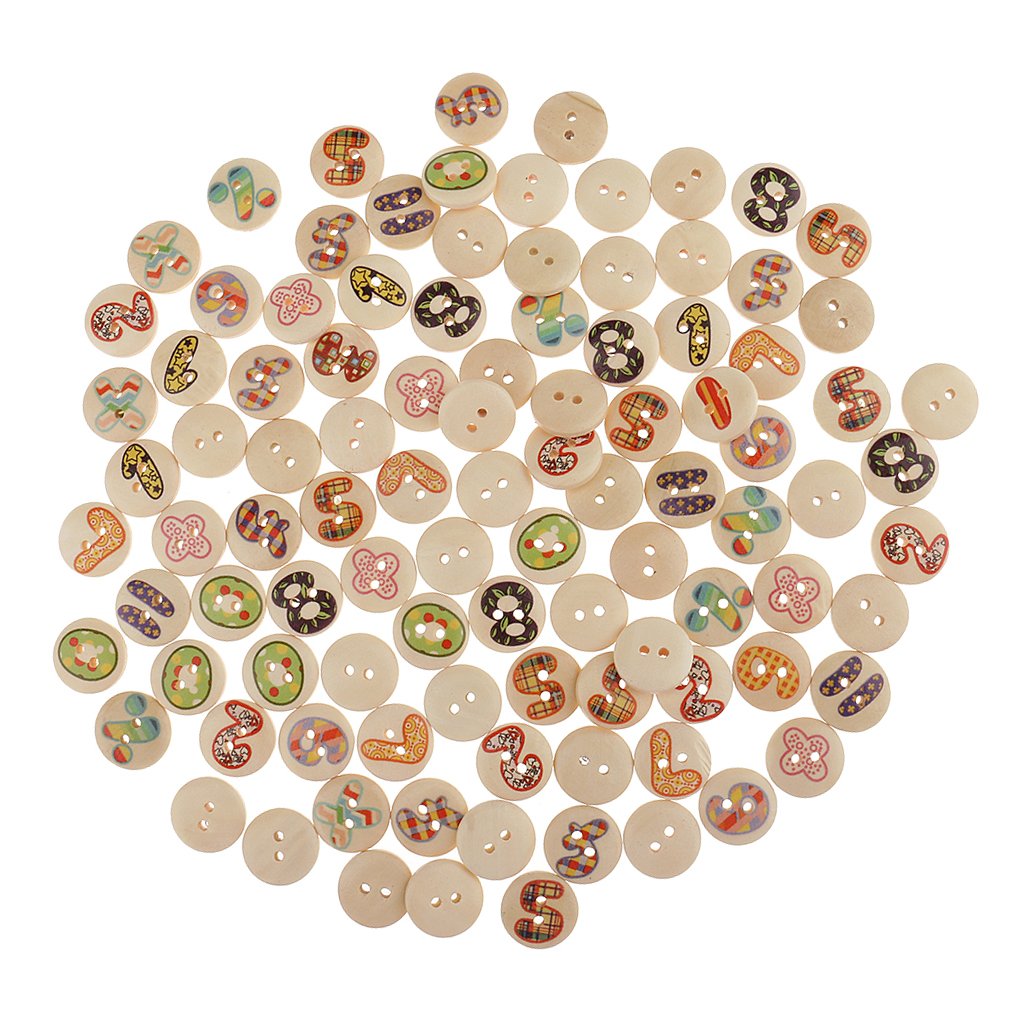 100 Pieces Numbers Pattern Wooden Round 2-Holes Buttons Embellishments for Scrapbooking Decoration 15mm